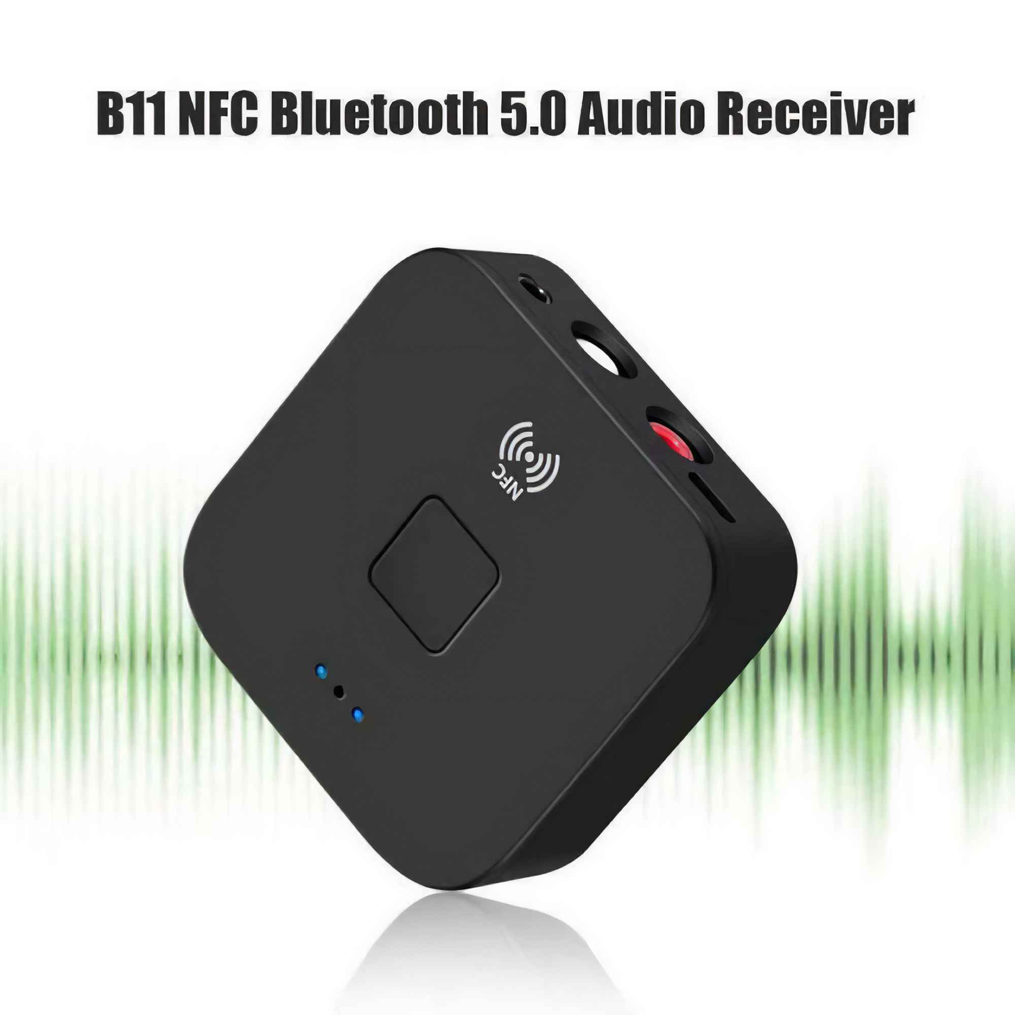 Schwarzer Audio-Empfänger mit NFC, Bluetooth 5.0 und roter Taste. Text oben: B11 NFC Bluetooth 5.0 Audio Receiver.