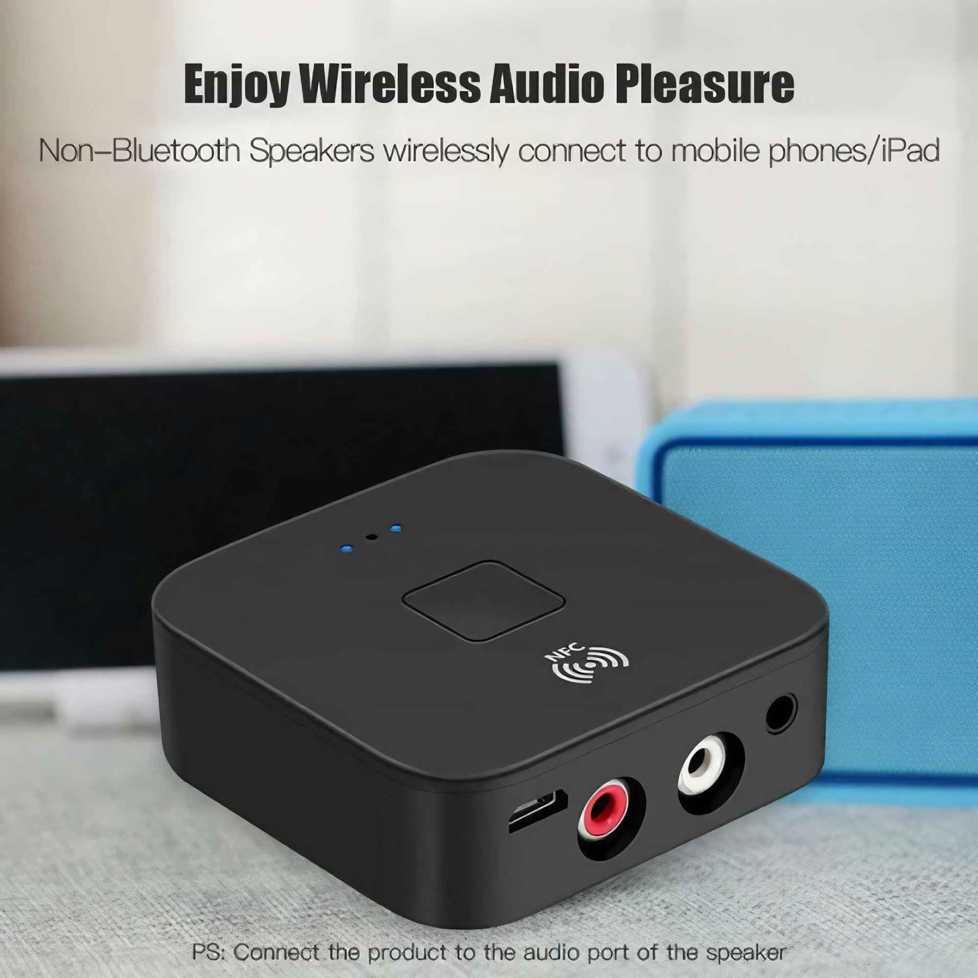 Ein schwarzer Audioempfänger mit roten und weißen Anschlüssen. Text: 'Enjoy Wireless Audio Pleasure'.