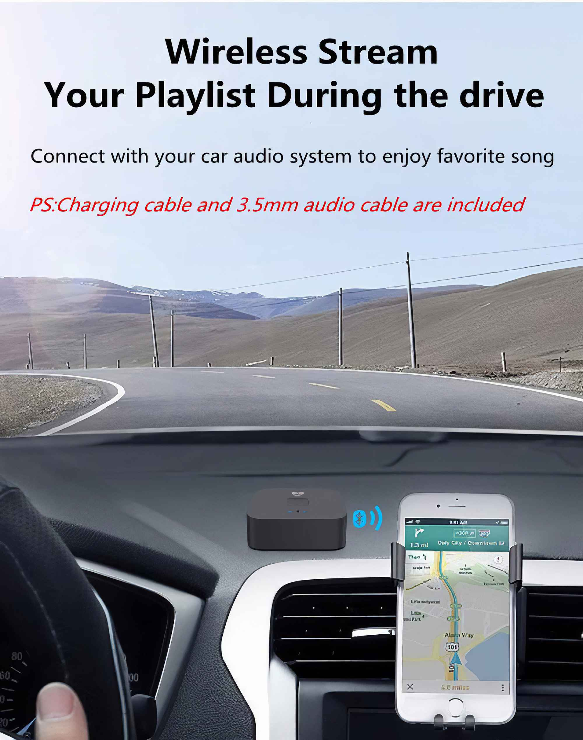 Autointerieur mit Telefon mit Karte, Musik-Streaming-Gerät und Straßenansicht durch die Windschutzscheibe.