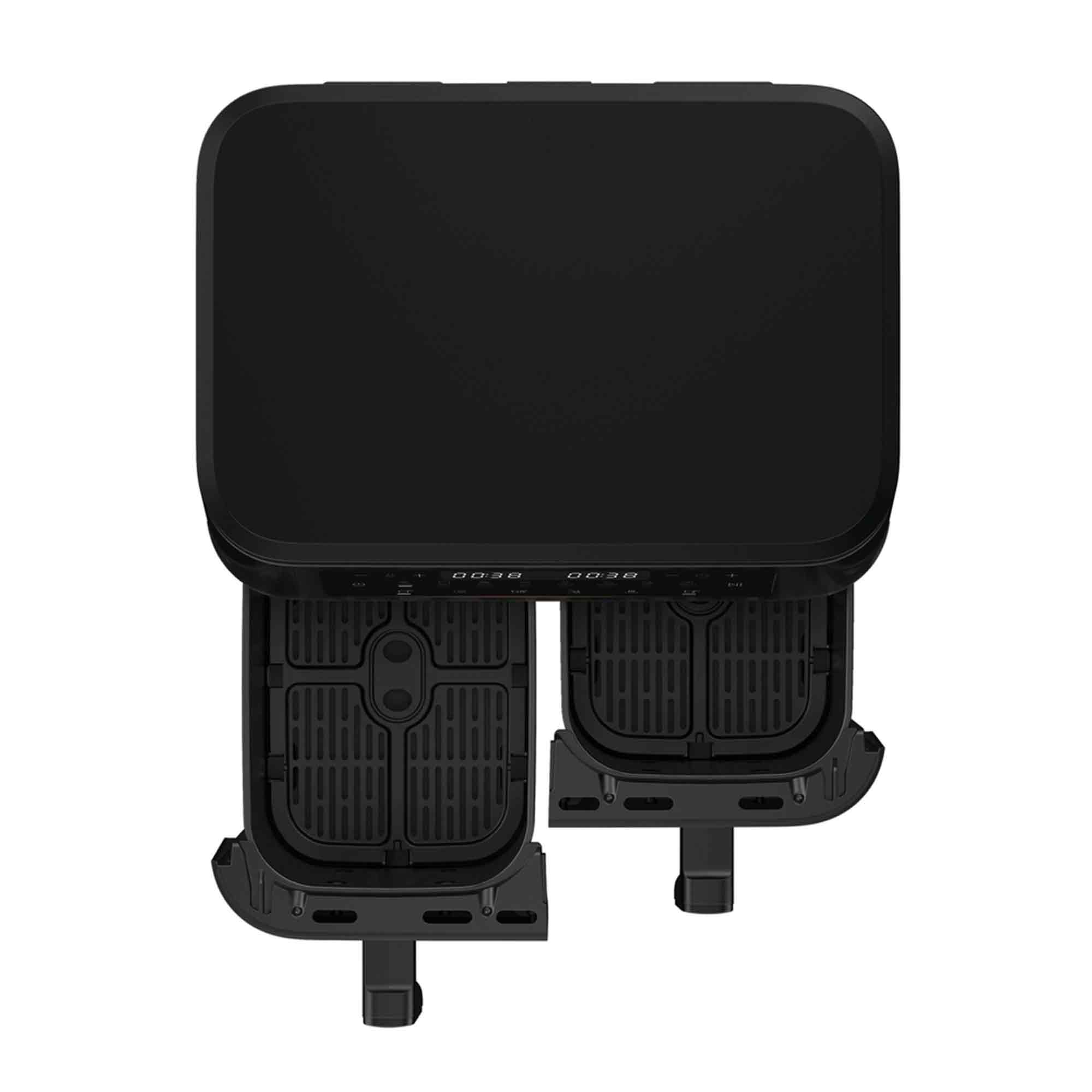 Ein schwarzer Airfryer mit zwei herausziehbaren Fächern. Der obere Teil ist ein festes Rechteck. Der Hintergrund ist weiß.