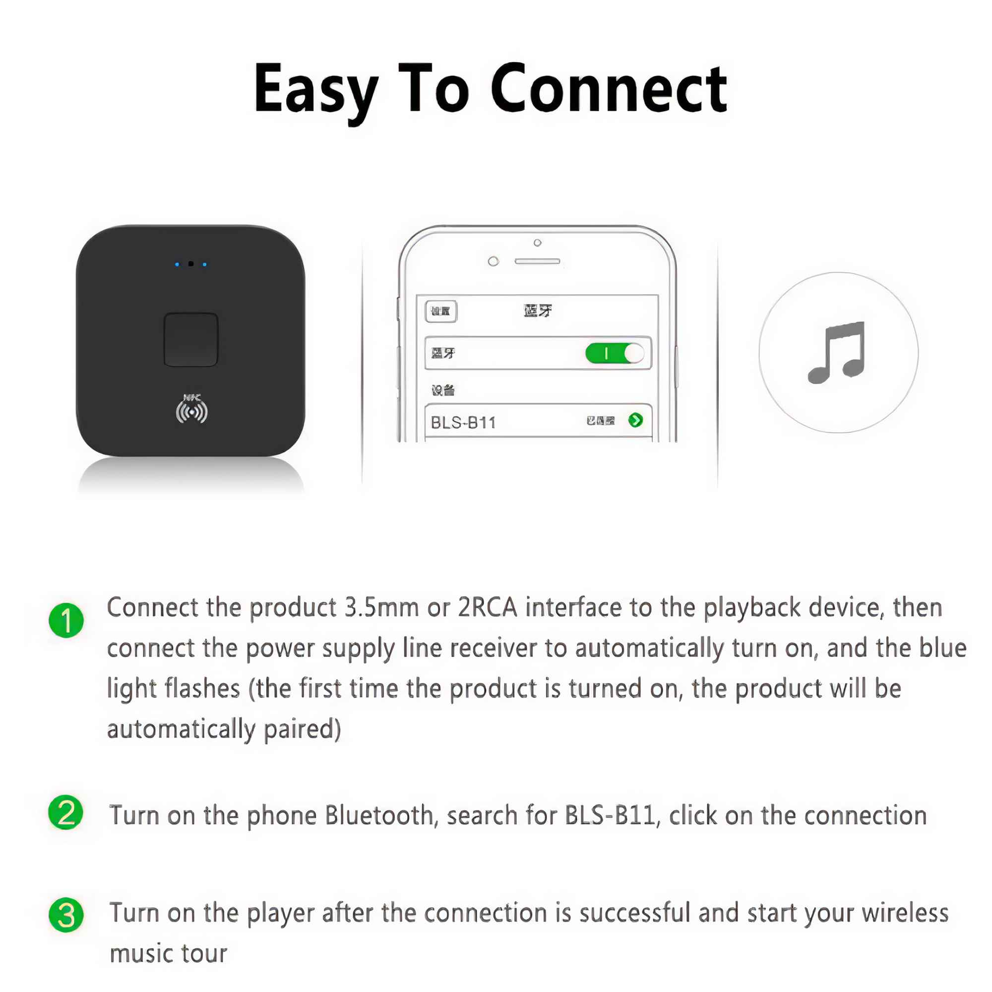 Diagramm, das zeigt, wie man ein Bluetooth-Gerät anschließt. Enthält ein schwarzes Gerät, einen Telefonbildschirm und ein Musiknotensymbol.
