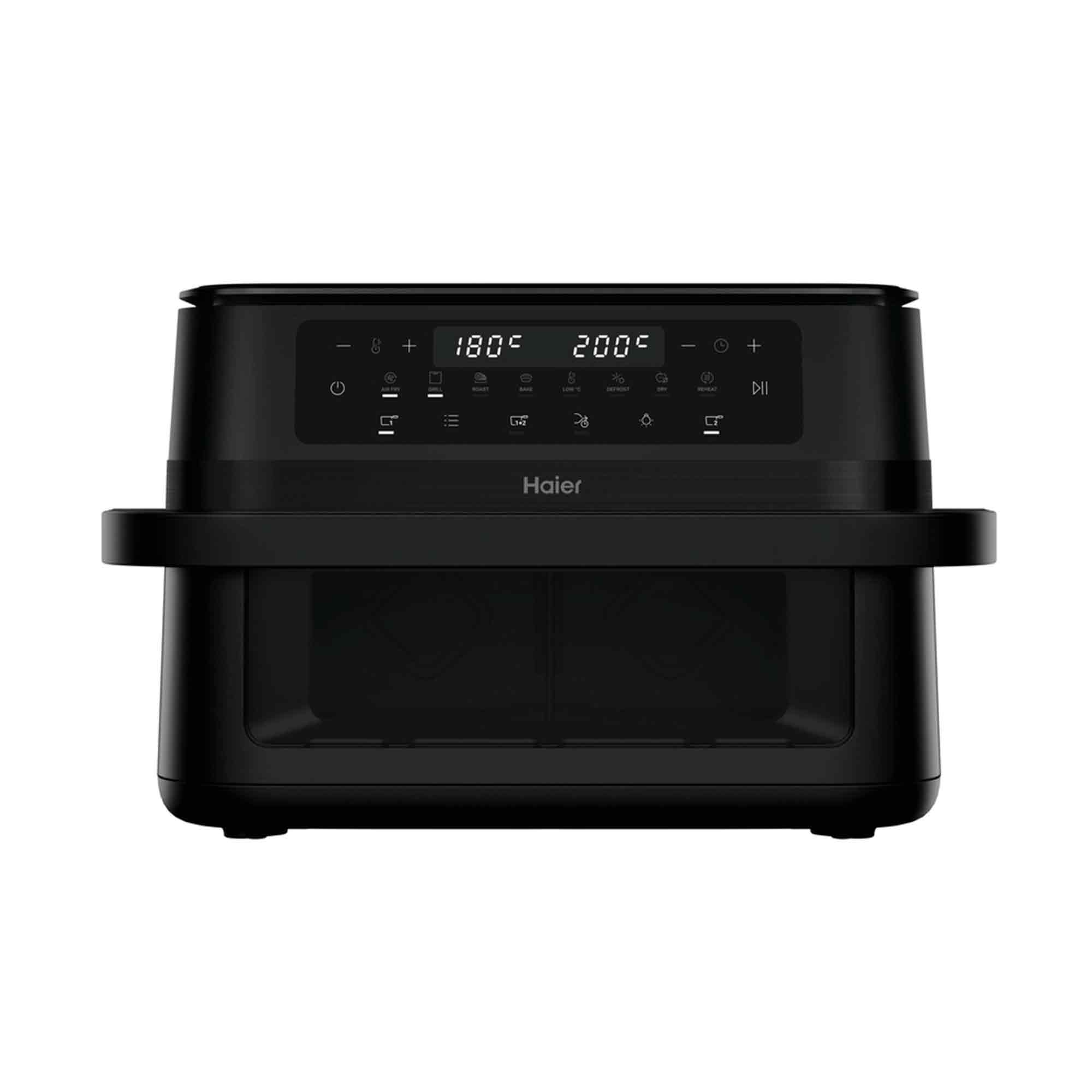 Una freidora de aire Haier negra. Tiene una pantalla digital que muestra la temperatura y las opciones de función.