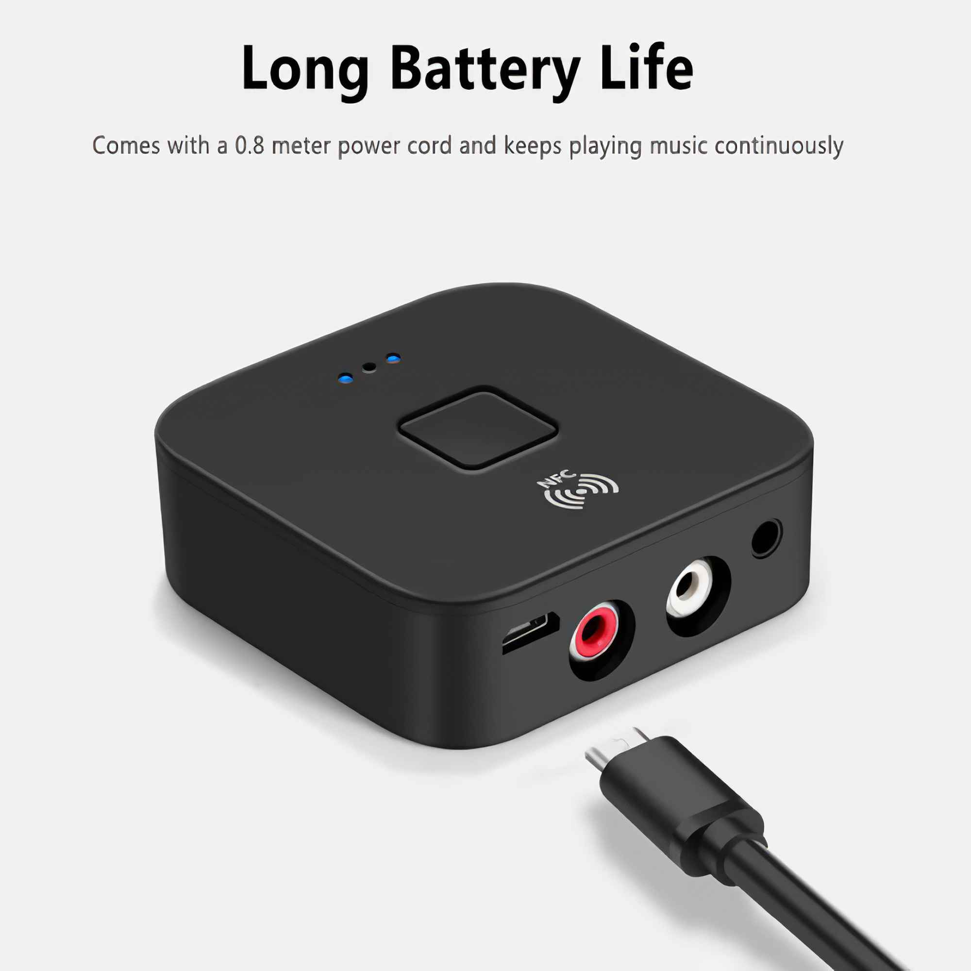 Ein schwarzes Gerät mit Netzkabel. Es hat Anschlüsse, Lichter und ein NFC-Symbol. Text lautet 'Lange Akkulaufzeit'.