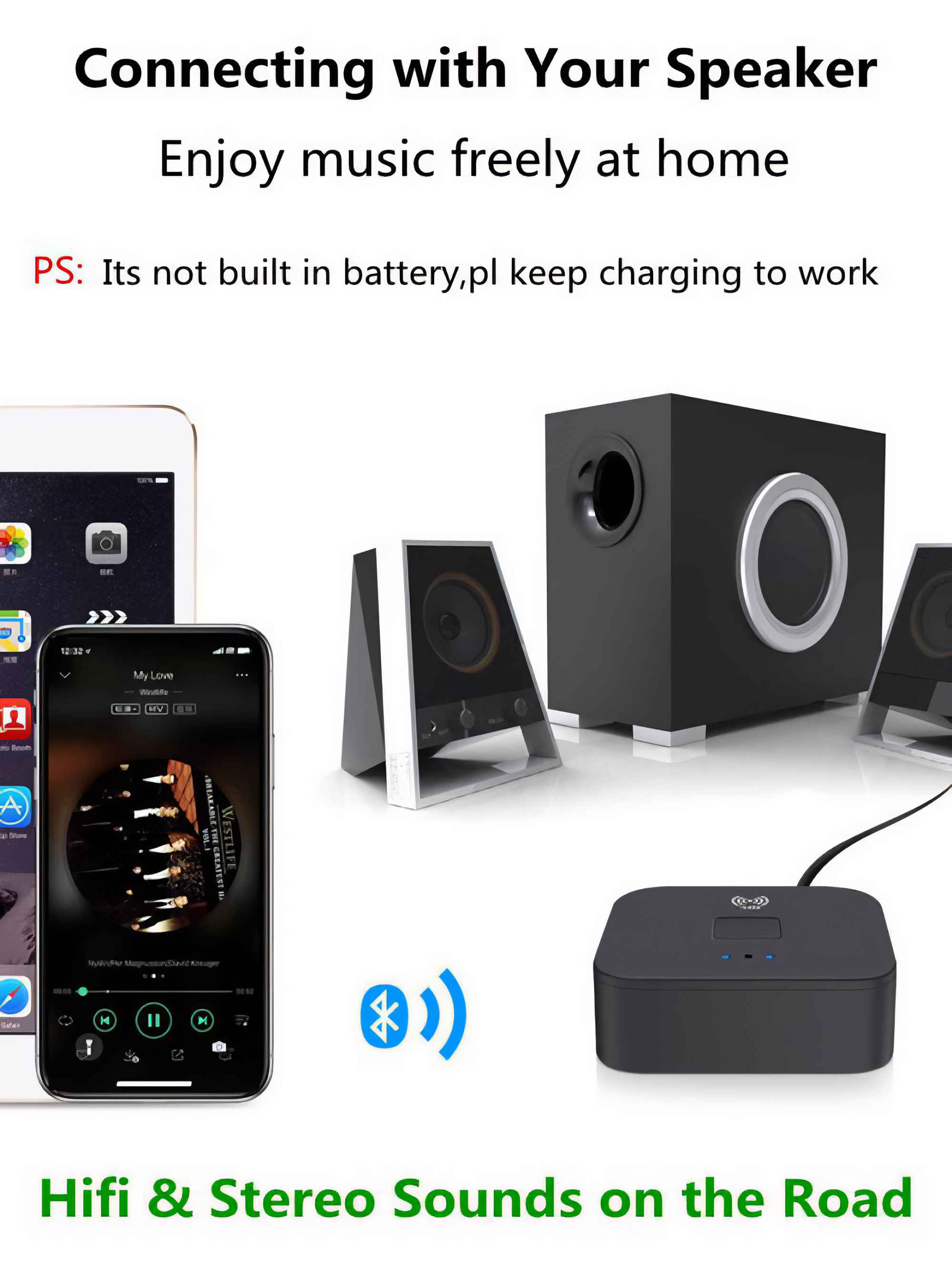 Das Bild zeigt ein Lautsprecher-Setup mit einem Telefon, das Musik abspielt. Der Text lautet 'Verbindung mit Ihrem Lautsprecher'.