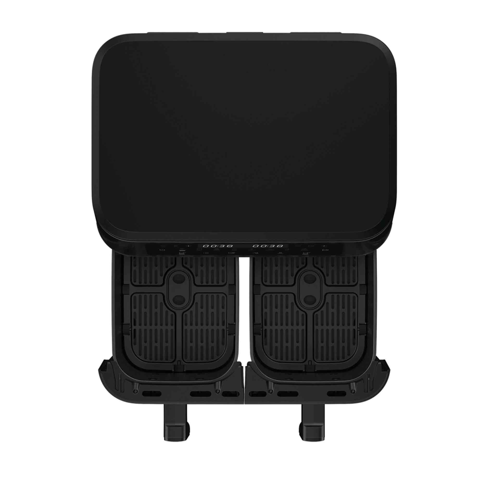 Schwarze Fritteuse, Draufsicht. Sie hat zwei Kochkörbe und ein digitales Display. Die Oberseite ist ein großes flaches Quadrat.