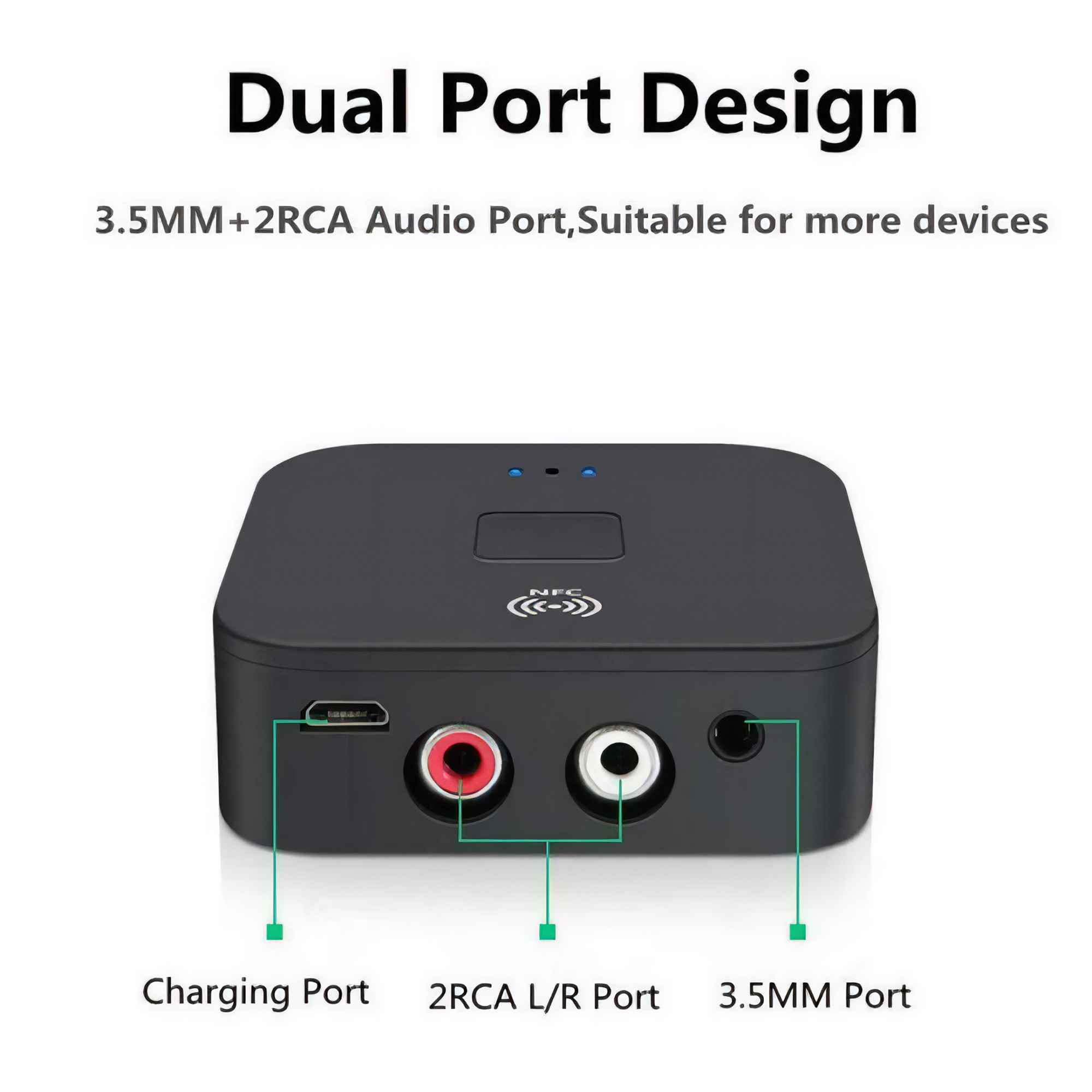 Schwarzes Audiogerät mit Anschlüssen: Laden, 2RCA, 3,5 mm. Der Text lautet 'Dual Port Design'.