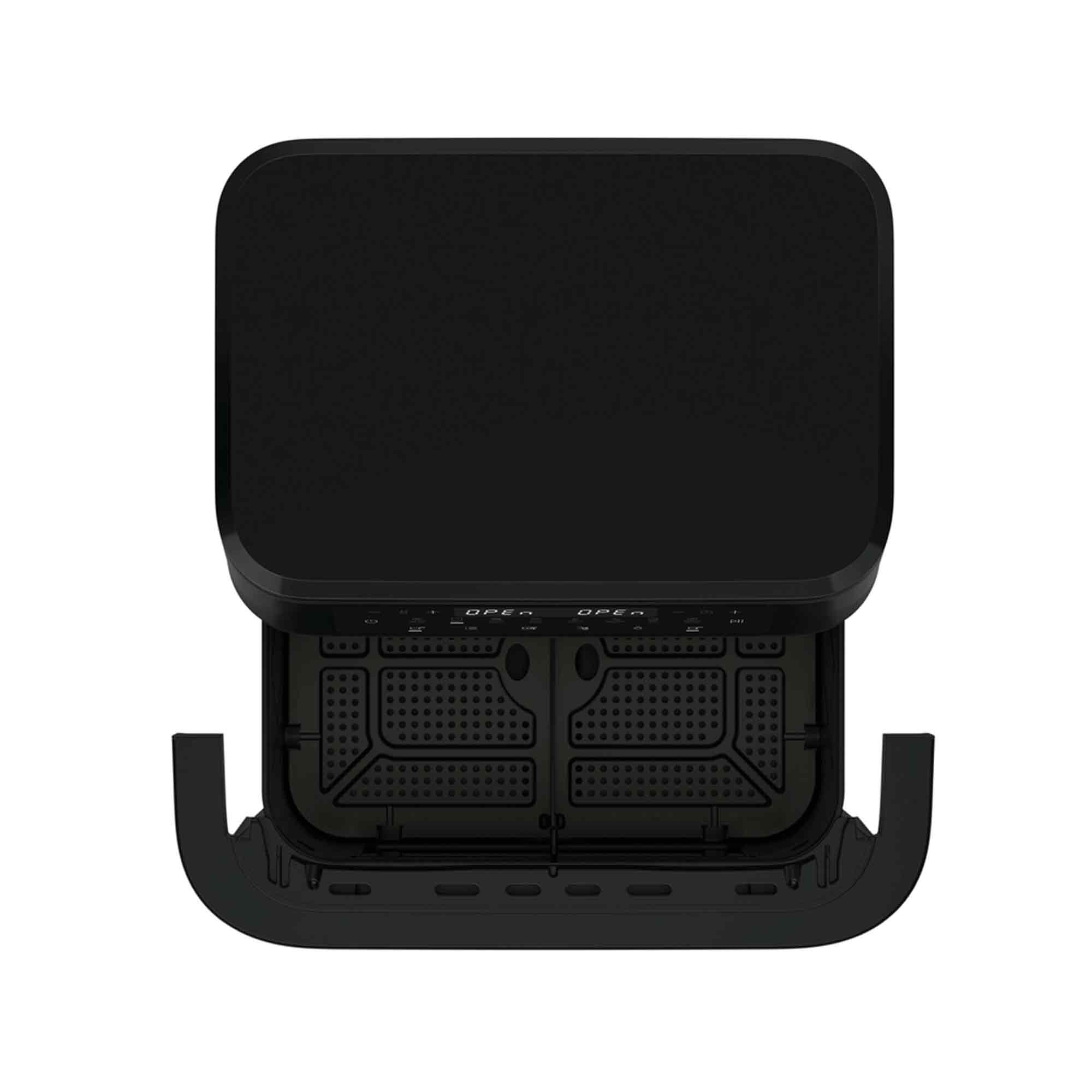 Dispositivo rectangular negro, abierto. En el interior hay dos bandejas perforadas. La parte superior está cerrada.