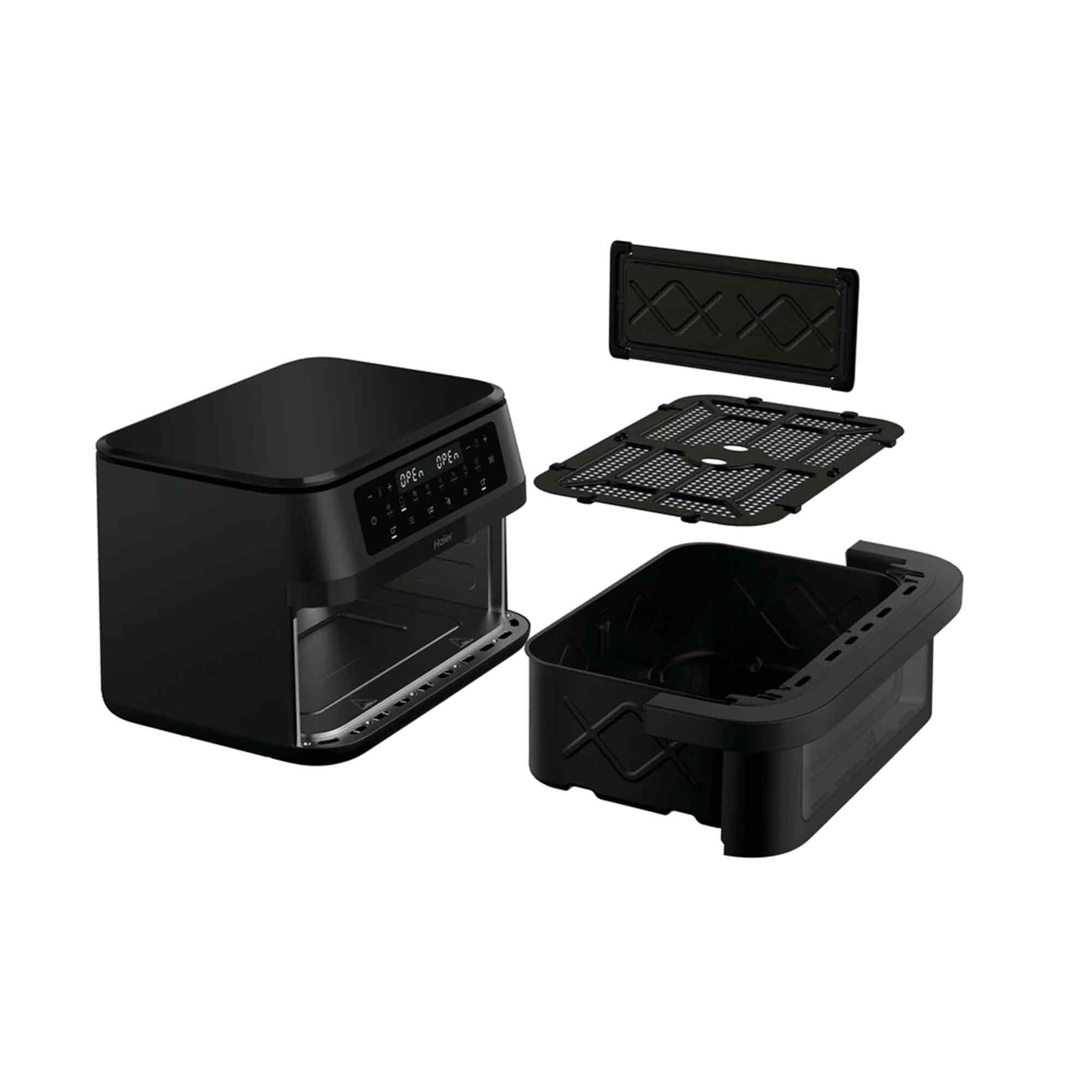 Freidora de aire negra con accesorios. La freidora tiene una pantalla digital y puerta de cristal. Incluye bandeja y cesta.