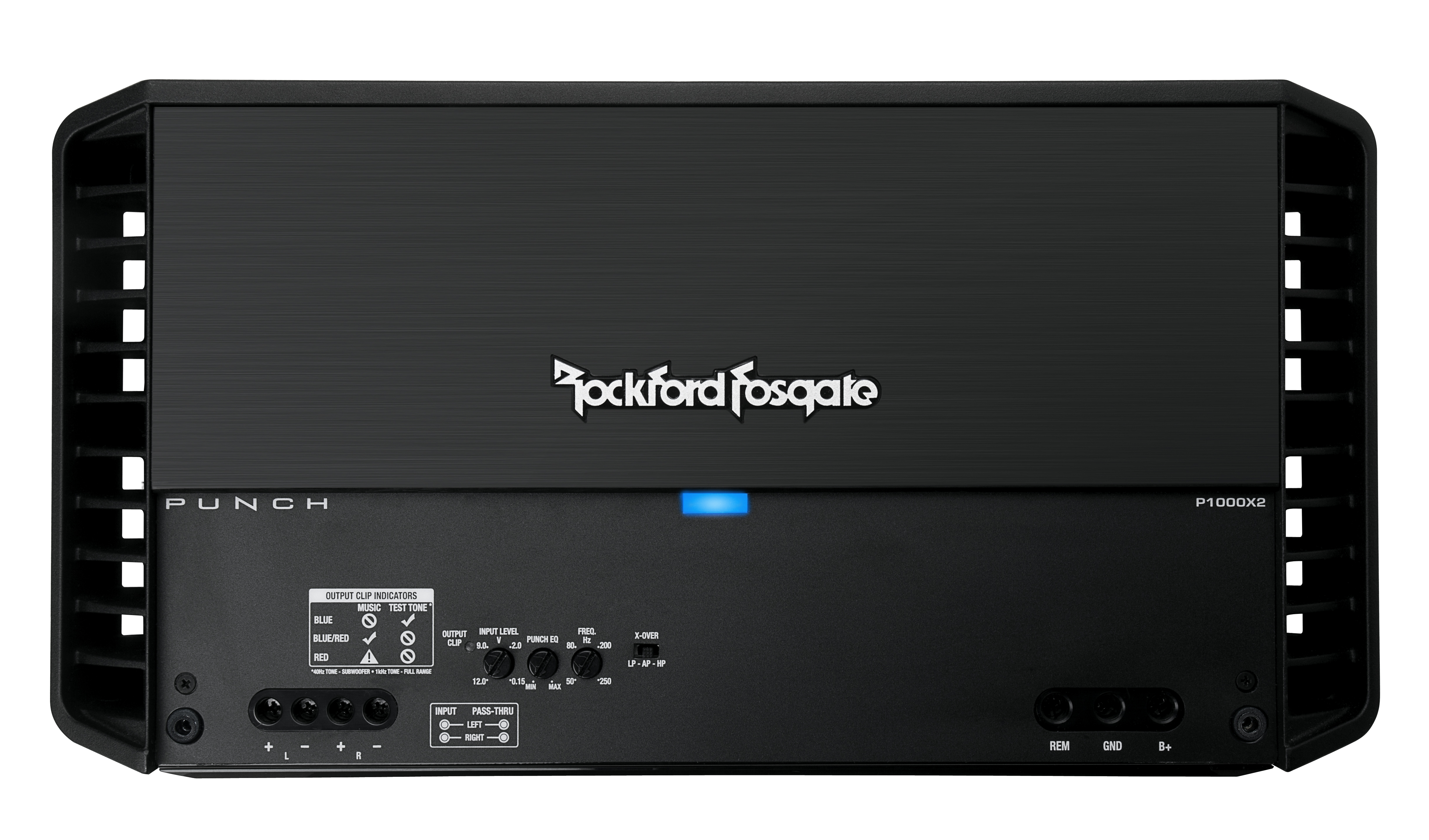 Schwarzer Rockford Fosgate P1000X2 Auto-Verstärker. Hat verschiedene Eingänge und Anzeigen. Silberner Text auf schwarzer Oberfläche.