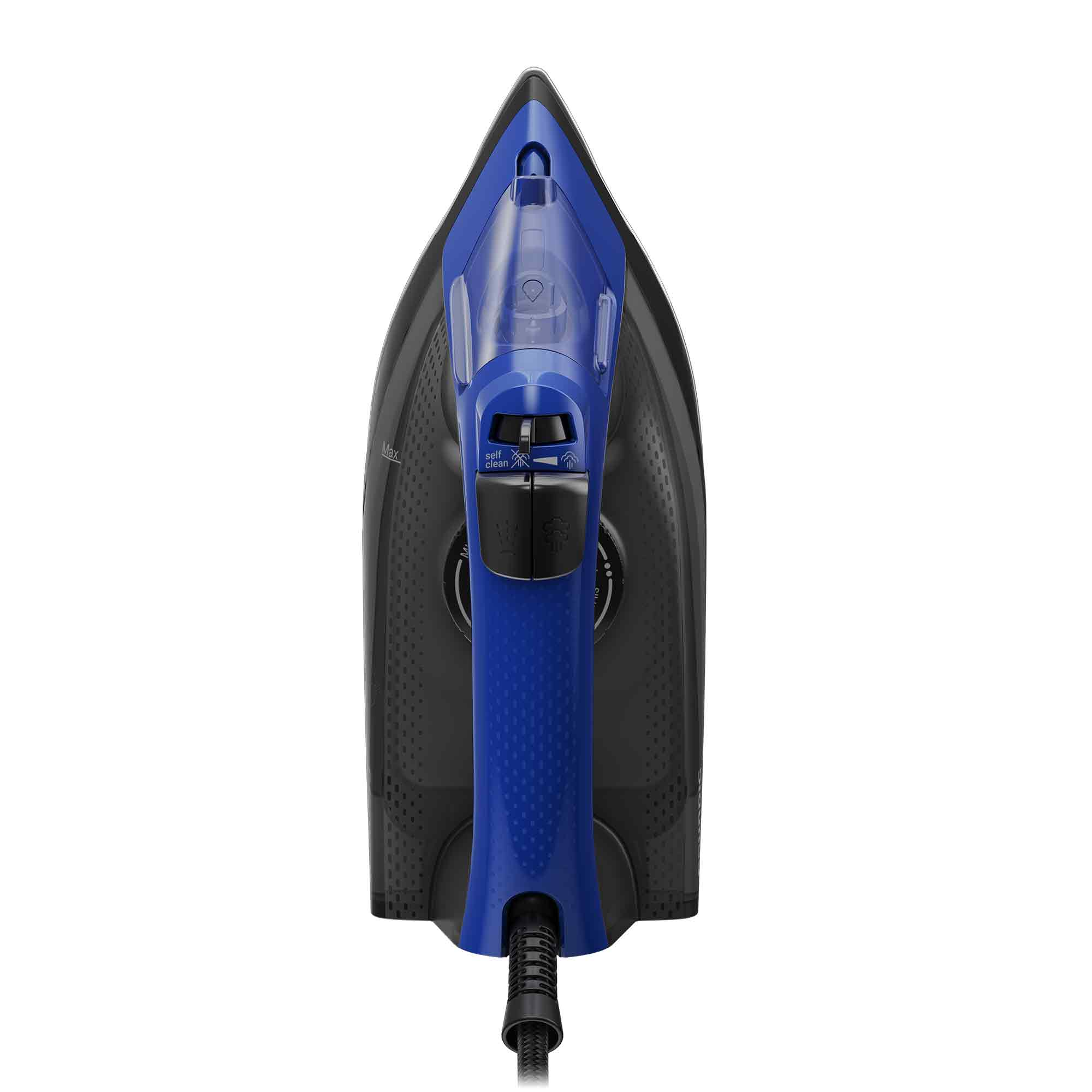 Nahaufnahme eines schwarz-blauen Bügeleisens. Es hat einen blauen Griff und eine schwarze Basis.