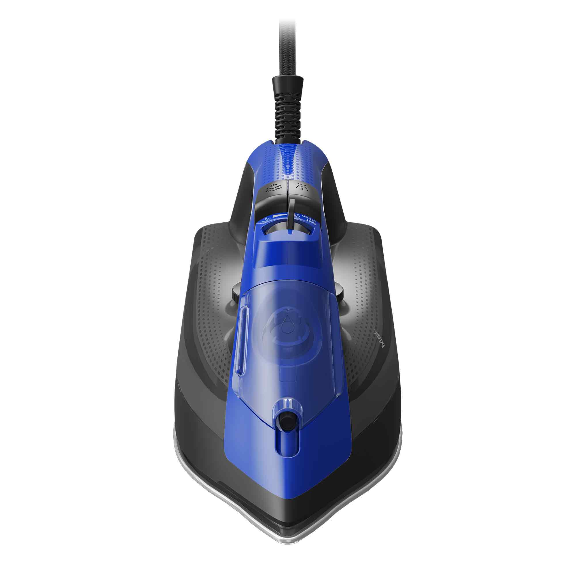 Ein blaues und schwarzes Bügeleisen auf weißem Hintergrund. Das Kabel ist schwarz.
