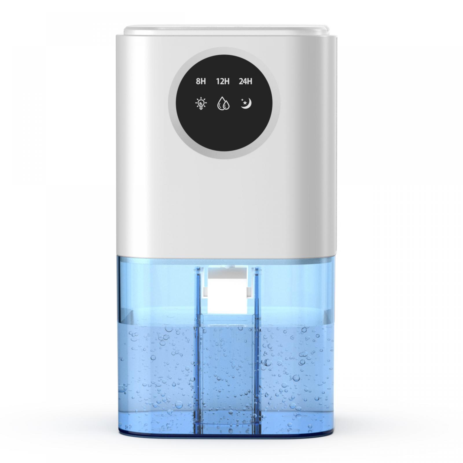 Ein weißer und blauer Luftbefeuchter. Es hat eine Digitalanzeige mit Zeichensymbolen. Der untere Teil enthält Wasser.