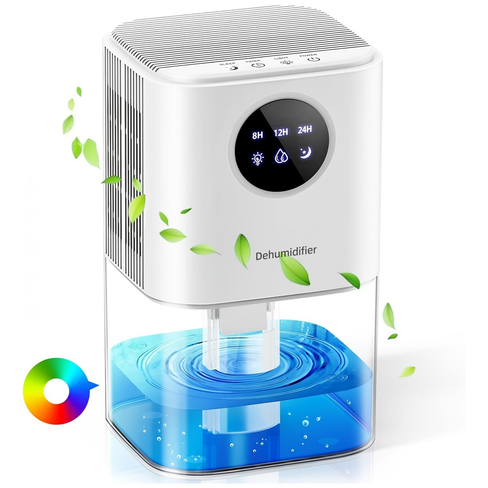 Ein weißer Luftentfeuchter mit digitaler Anzeige, Wassertank und grünen Blattillustrationen. Ein farbenfroher Kreis links.