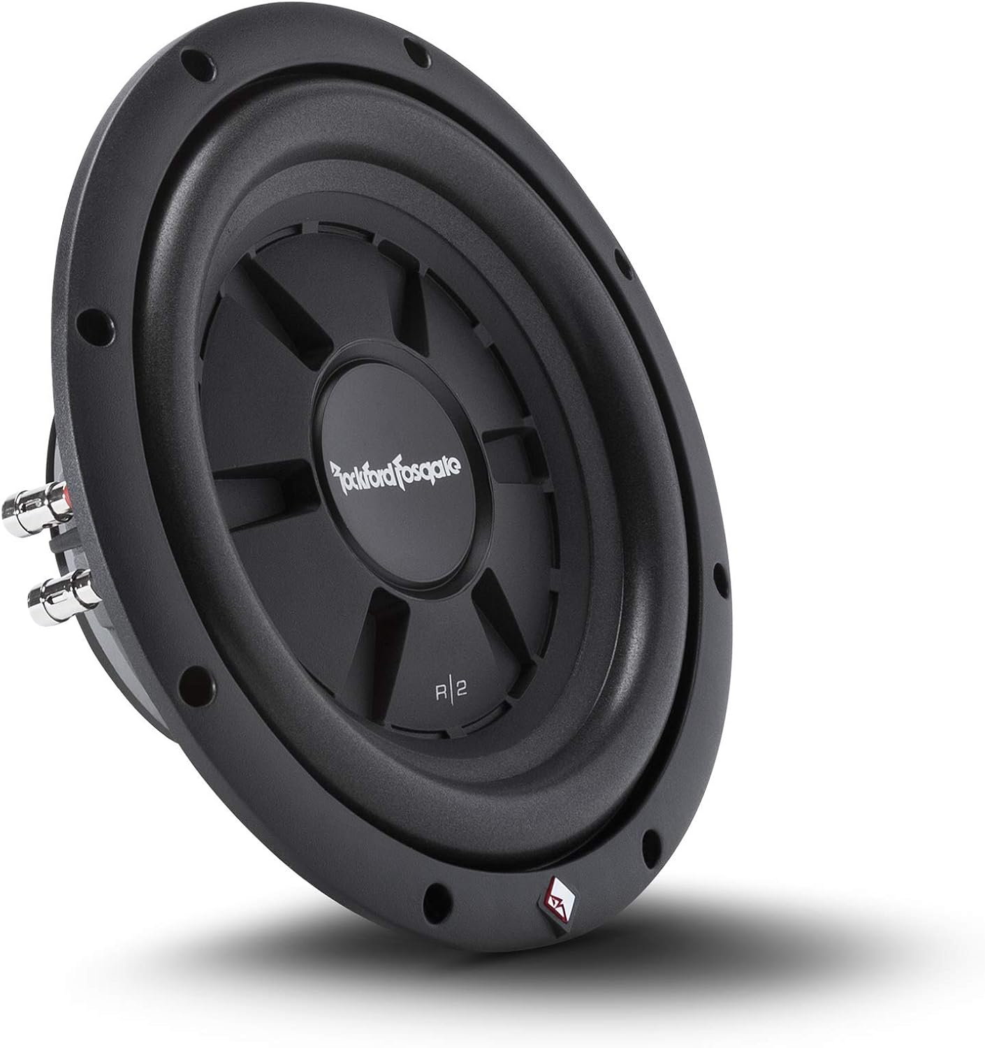 Ein schwarzer Rockford Fosgate R2 Subwoofer. Er hat eine runde Form mit einem zentralen Konus, umgeben von einem Gummiring und einem Metallrahmen.