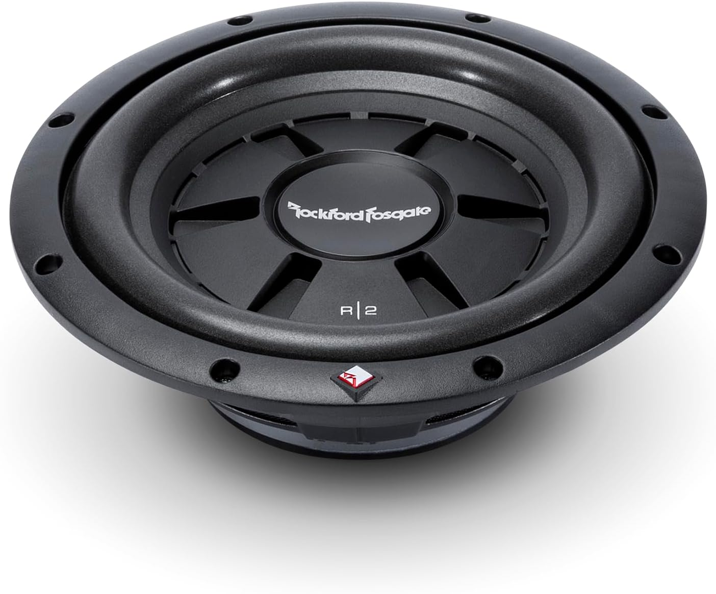 Ein schwarzer Subwoofer mit dem Logo von Rockford Fosgate. Es hat ein kreisförmiges Design mit einem zentralen Konus und einem umlaufenden Rand.