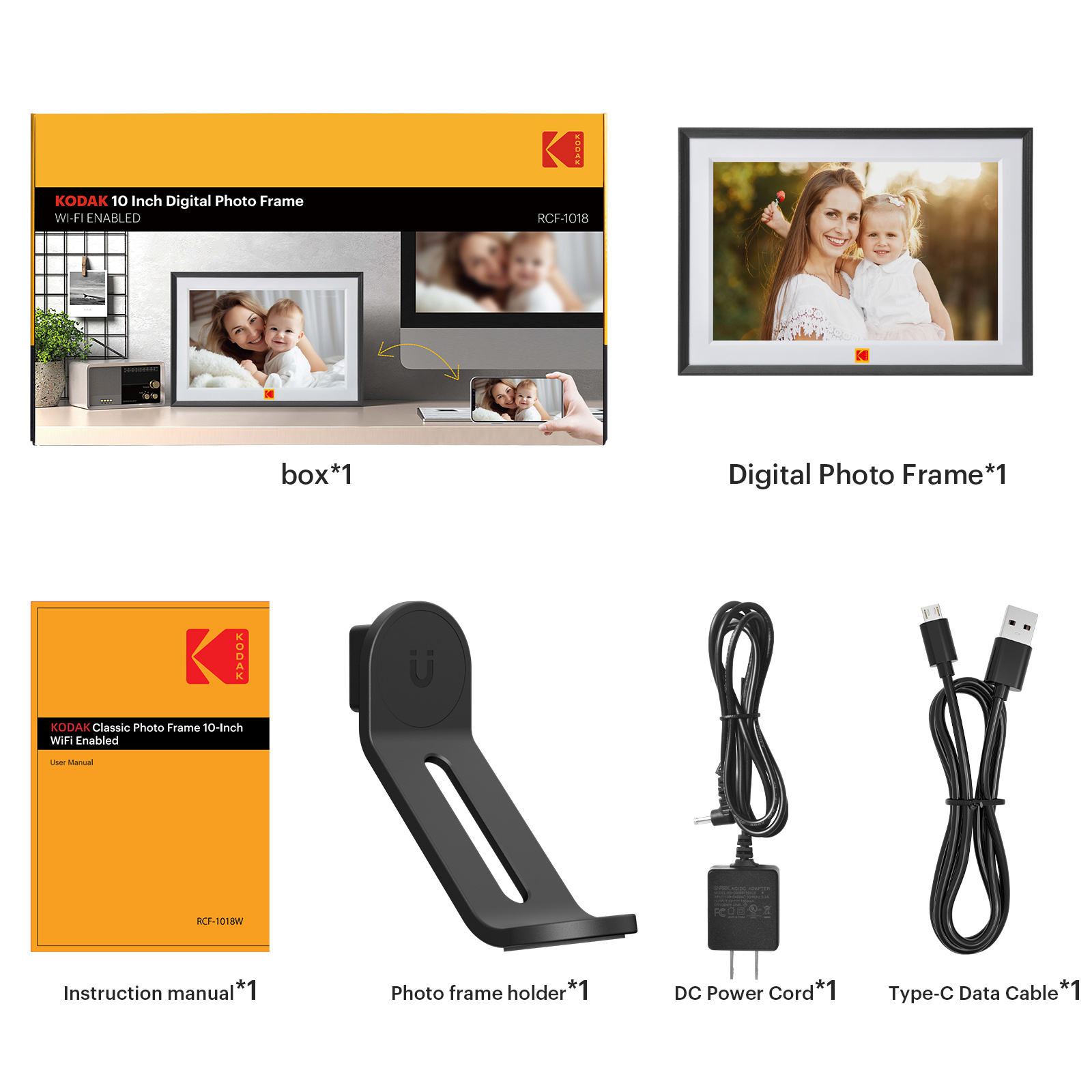 La imagen muestra un marco de fotos digital Kodak, caja, manual, soporte, cable de alimentación y cable de datos. Todo es negro y amarillo.