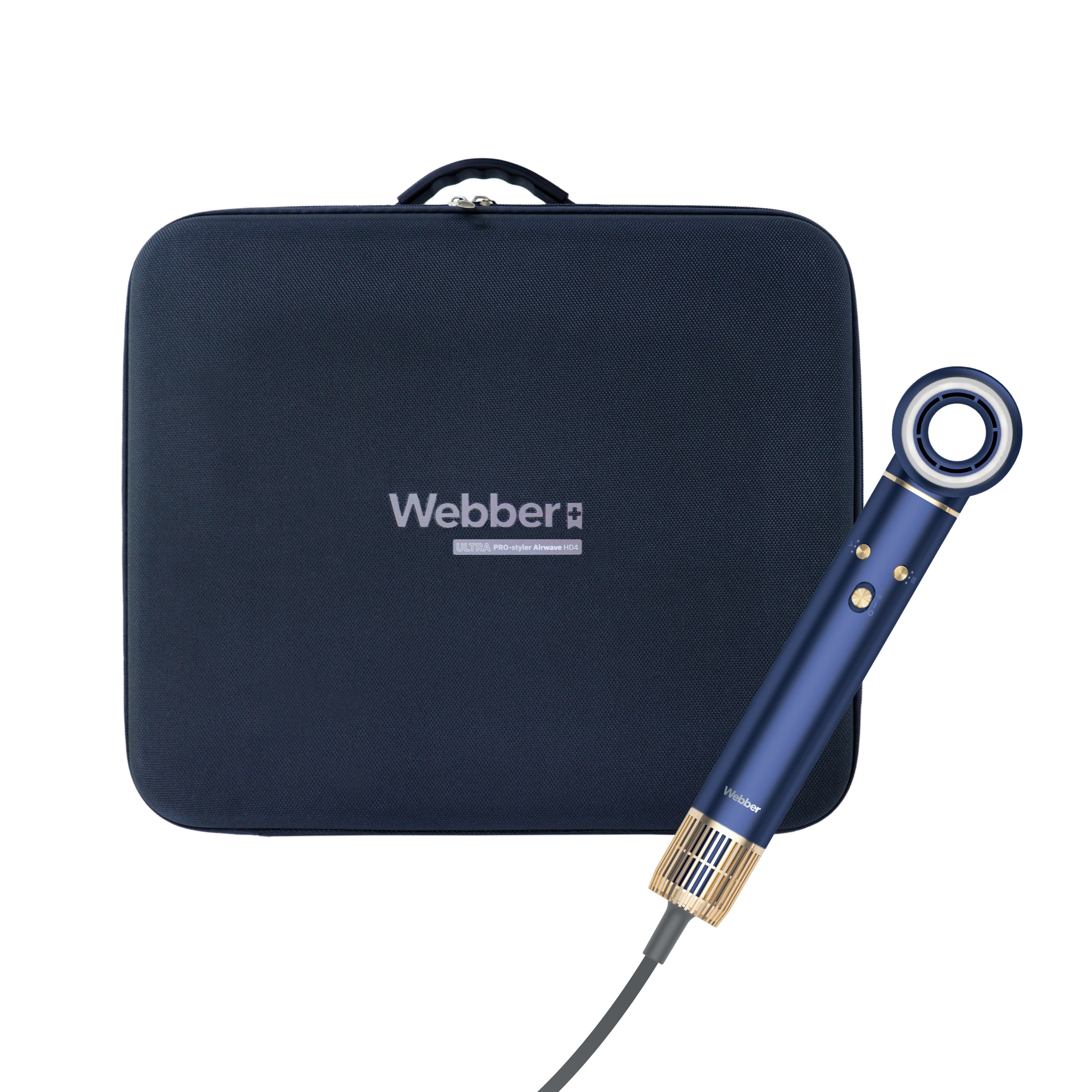 Granatowe etui i niebiesko-złota suszarka do włosów. Suszarka jest pod kątem. Etui ma markę Webber.