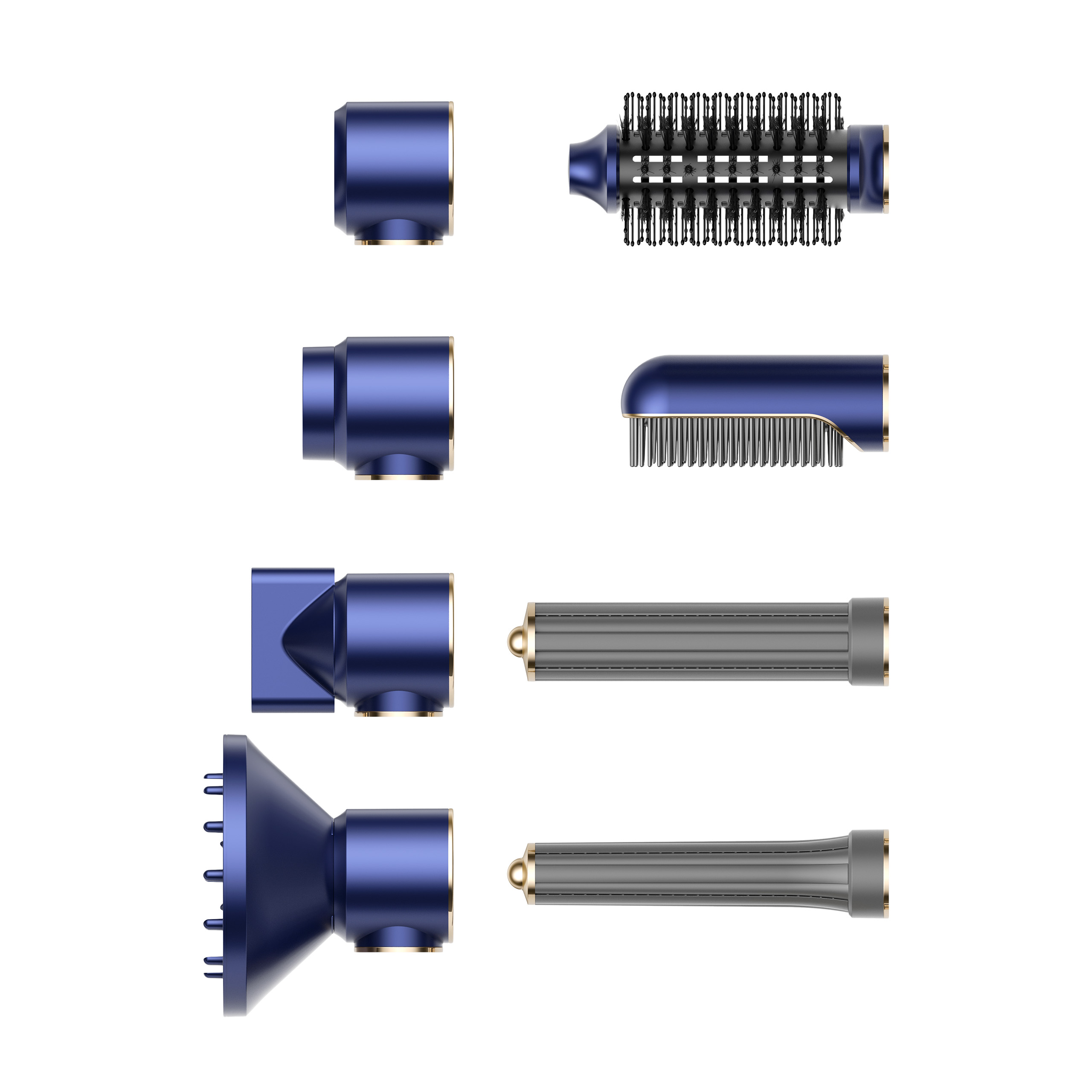 Obraz przedstawia akcesoria do stylizacji włosów. Niebieskie i szare części na białym tle. Zawiera dyfuzor i różne głowice szczotek.