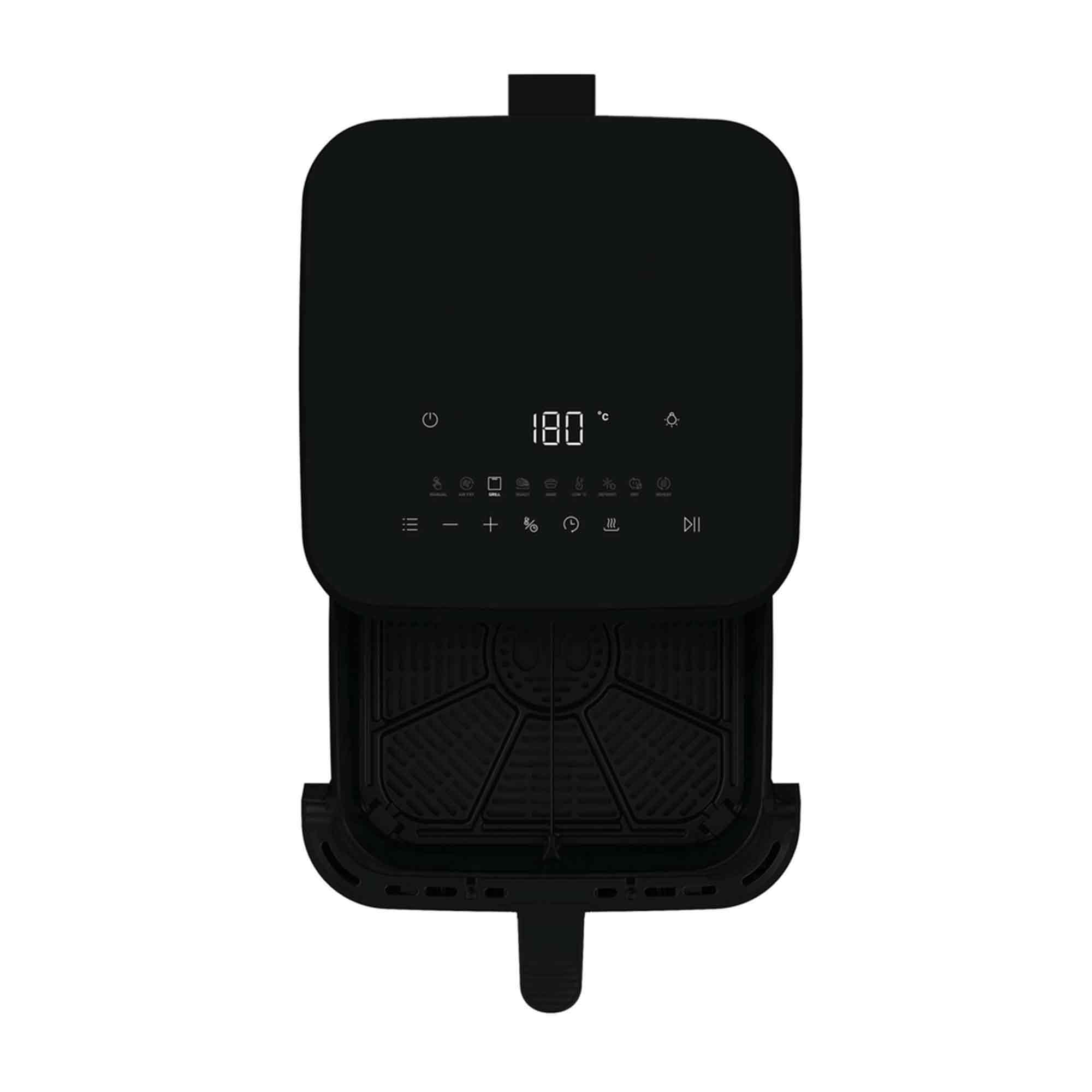 Freidora de aire negra, pantalla digital muestra 180 grados. Panel de control con iconos y cesta extraíble.