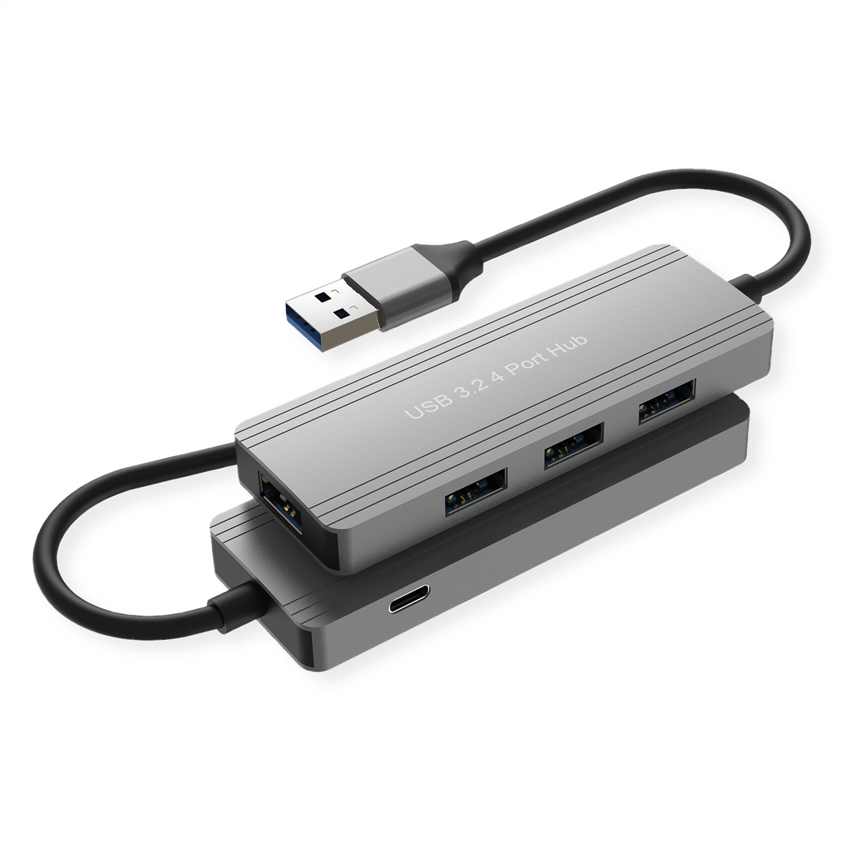 Un hub USB 3.2 a 4 porte argentato con un cavo USB-A e USB-C. Ha un cavo nero che collega le parti dell'hub.