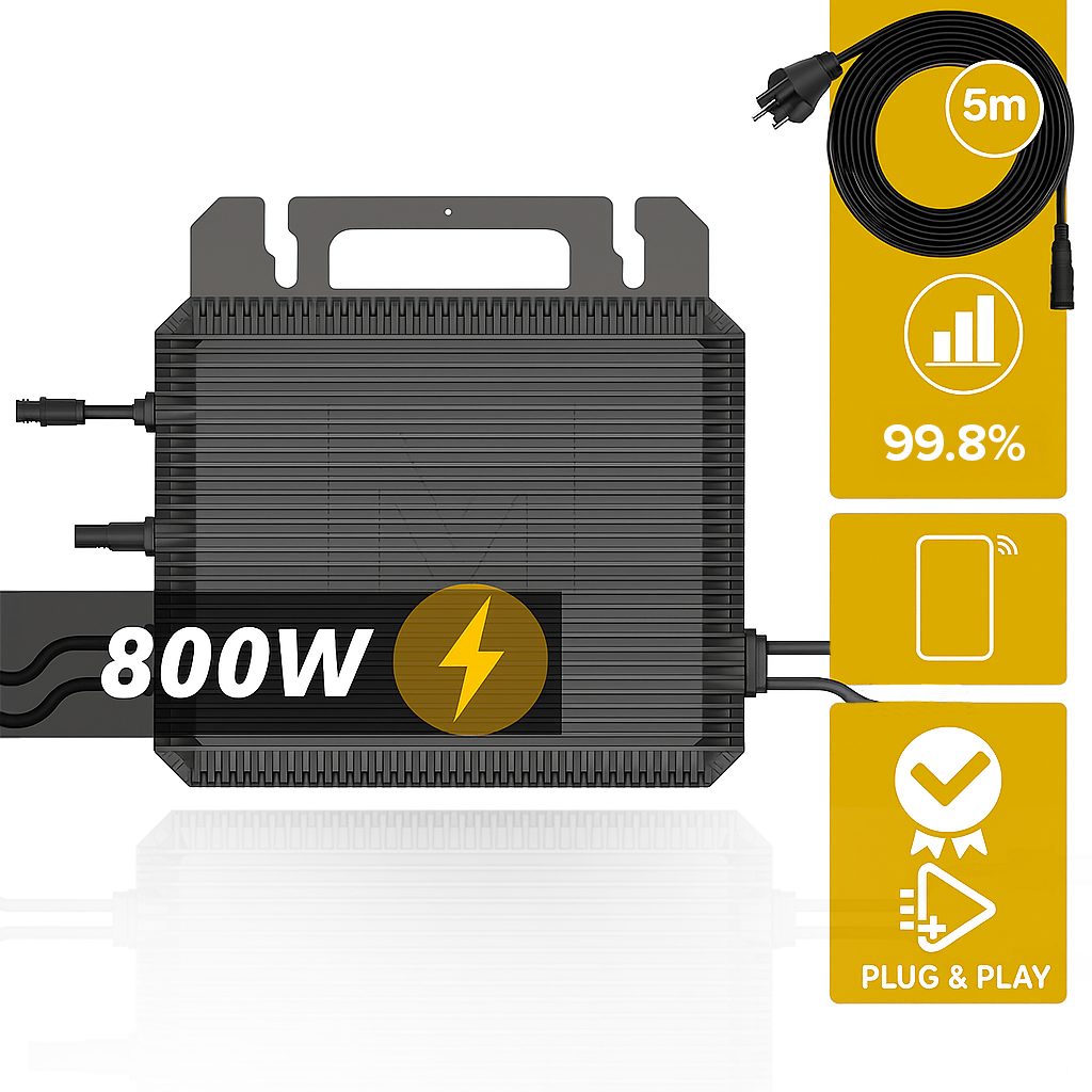 Schwarzer Wechselrichter mit 800W und Blitzsymbol. Er hat ein Netzkabel und mehrere Informationssymbole.