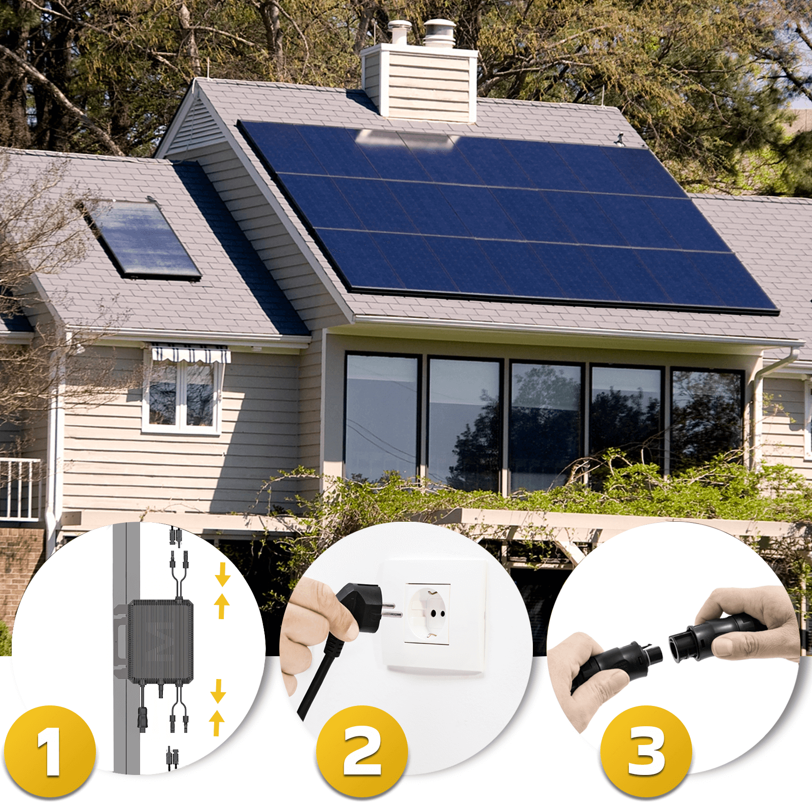 Haus mit Solarpanelen auf dem Dach. Schritte zeigen elektrische Verbindungen: ein Kombinationskasten, Einstecken und Steckverbinder-Montage.