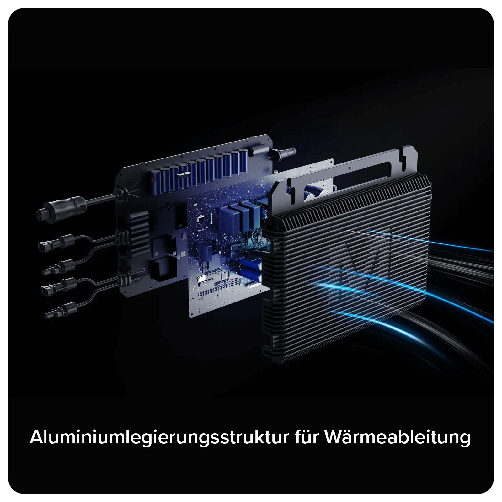 Explosionsansicht eines schwarzen elektronischen Geräts mit Innenkomponenten. Text unten: Aluminiumlegierungsstruktur zur Wärmeableitung.