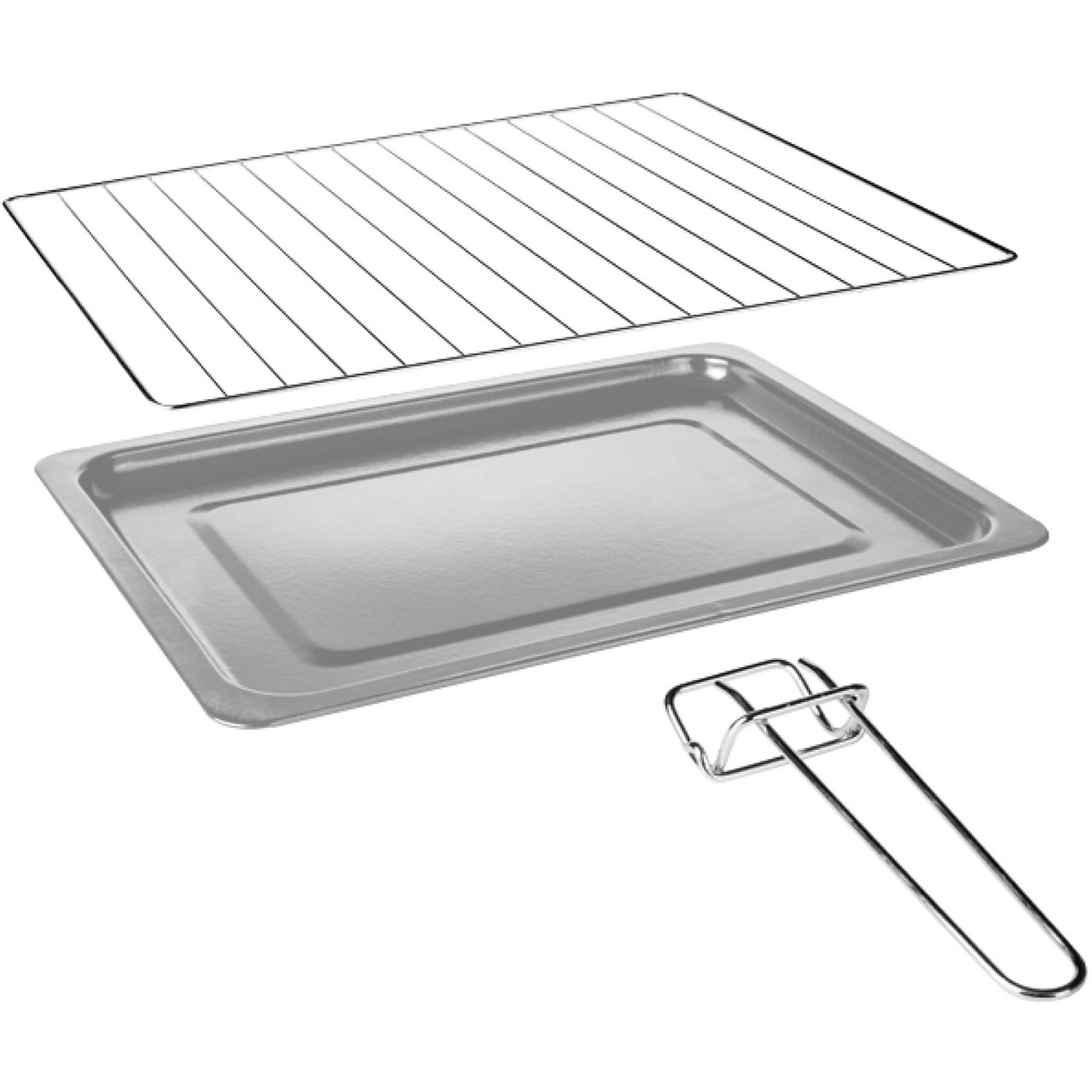 Widoczny jest ruszt piekarnika, blacha do pieczenia i uchwyt. Wszystko metalowe na białym tle.