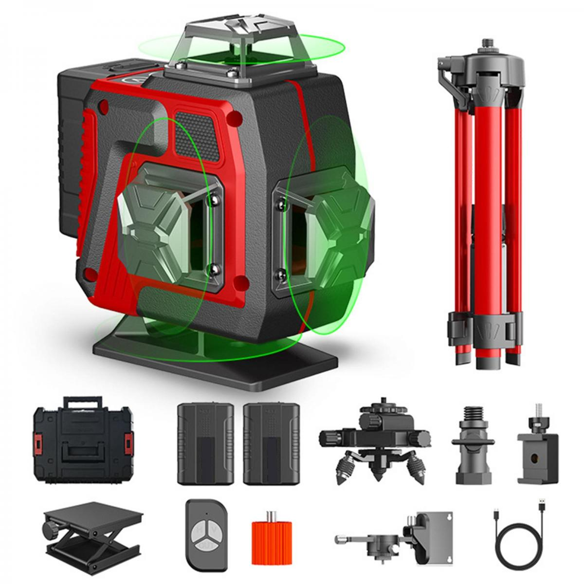 Ein Laser-Nivellier-Kit mit rotem und schwarzem Gehäuse, Stativ, Batterien und anderem Zubehör. Grüne Strahlen werden emittiert.