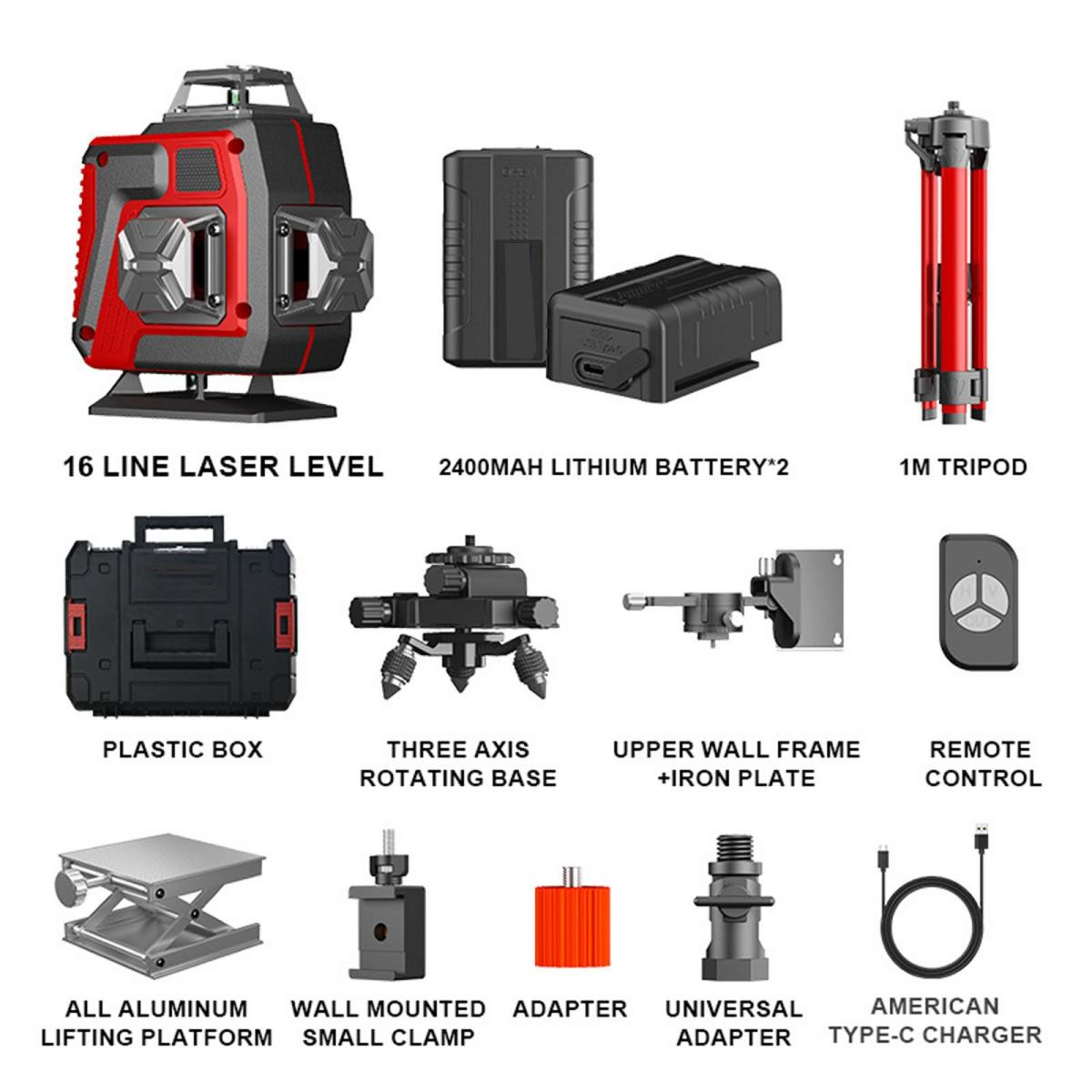 Das Bild zeigt ein 16-Linien-Laser-Niveau, Batterien, Stativ, Kunststoffbox, Drehbasis, Wandrahmen, Fernbedienung, Hebebühne, Klemme, Adapter und Ladegerät.