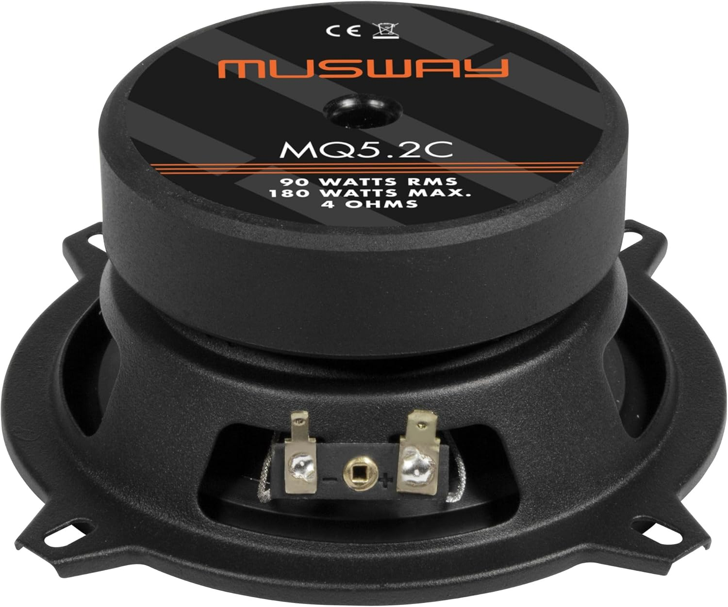 Ein schwarzer Lautsprecher mit der Marke 'MUSWAY' oben. Er hat das Modell MQ5.2C und Spezifikationen.