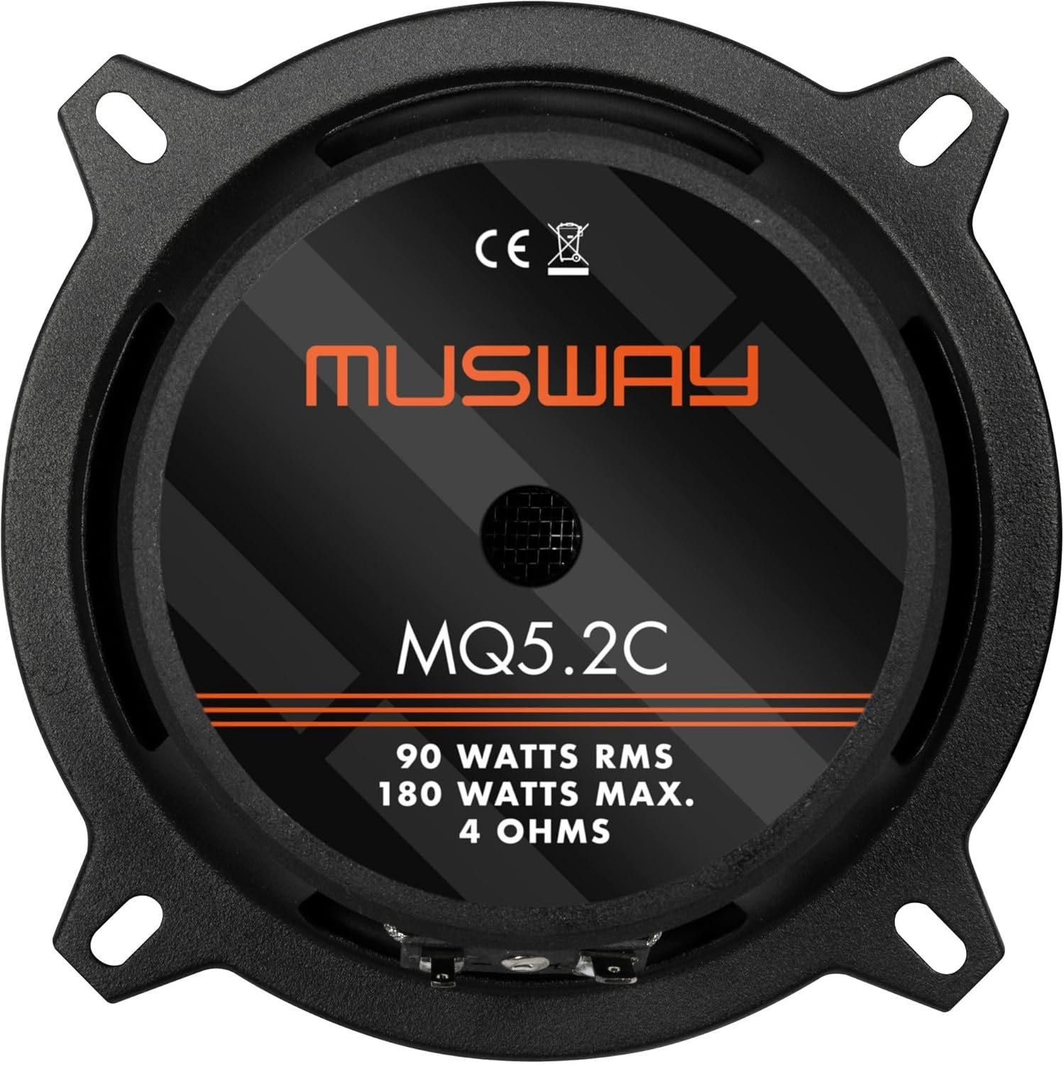 Ein schwarzer Lautsprecher mit der Marke MUSWAY und dem Modell MQ5.2C. Er hat die Spezifikationen 90 Watt RMS und 180 Watt Max.