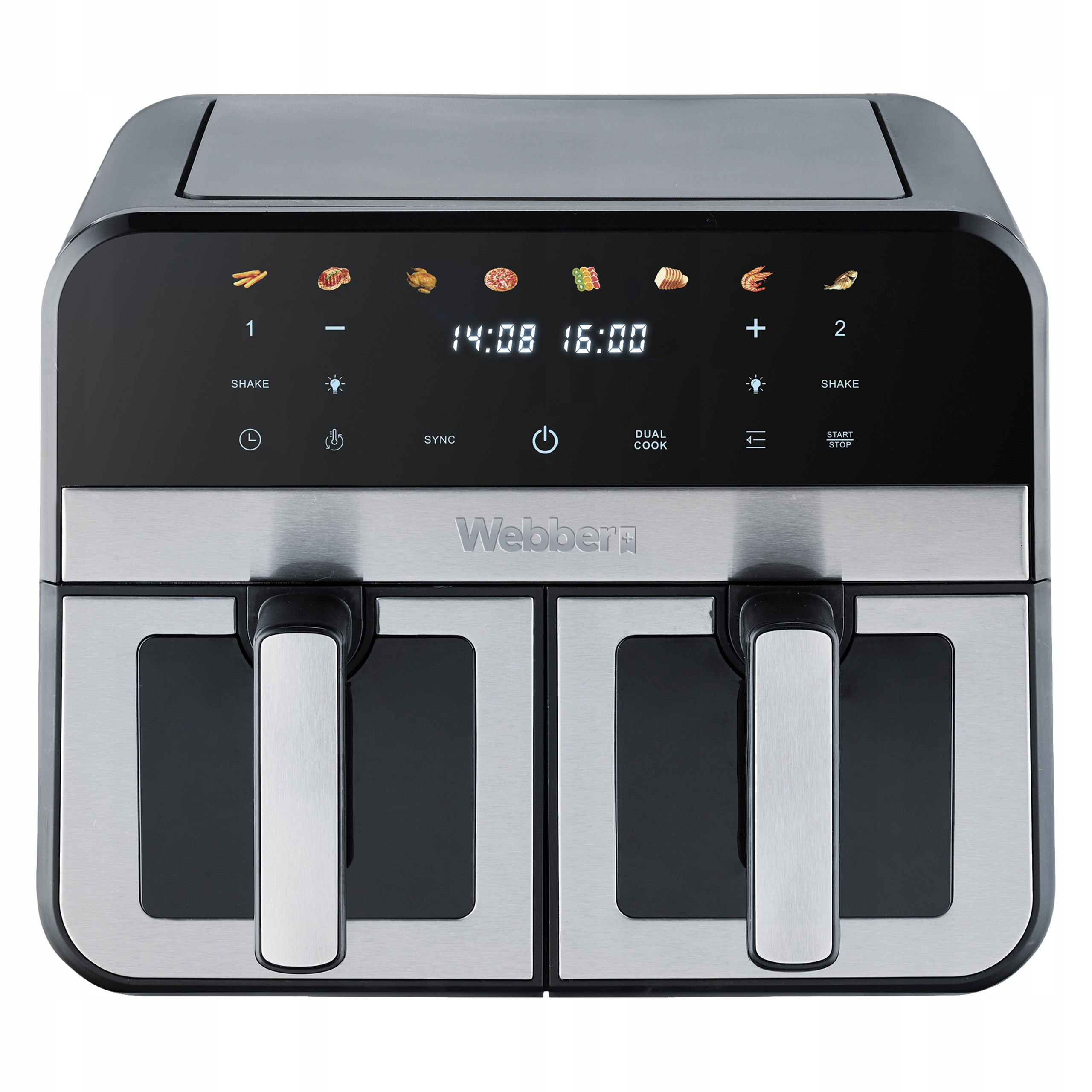 Czarna i srebrna frytkownica powietrzna Webber. Posiada dwie sekcje gotowania, wyświetlacz cyfrowy i kilka przycisków sterowania.