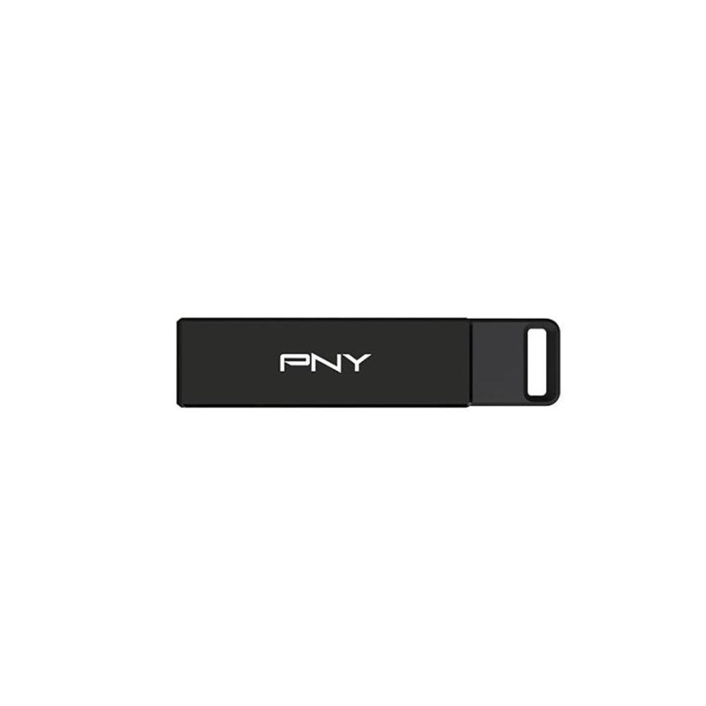 Ein schwarzer PNY USB-Stick auf weißem Hintergrund. Der Markenname PNY ist weiß auf dem Laufwerk geschrieben.