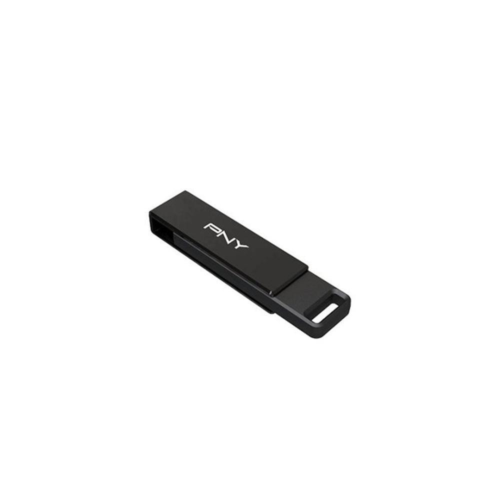 Ein schwarzer PNY USB-Stick liegt auf weißem Grund. Der Markenname PNY ist auf der Oberseite des Laufwerks sichtbar.