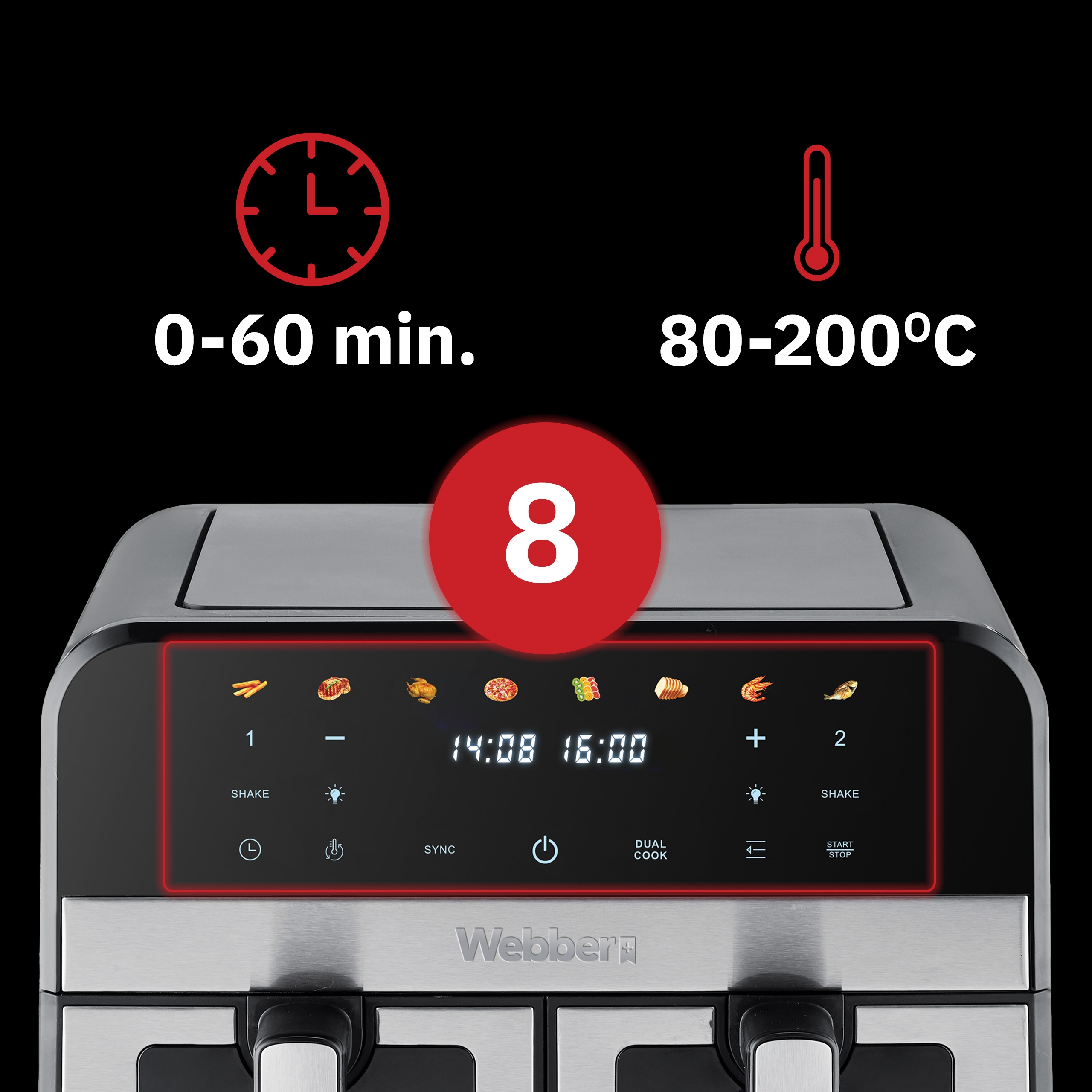 Frytownica powietrzna z wyświetlaczem cyfrowym. Pokazuje czas, temperaturę i ustawienia wstępne gotowania. Marka to Webber.
