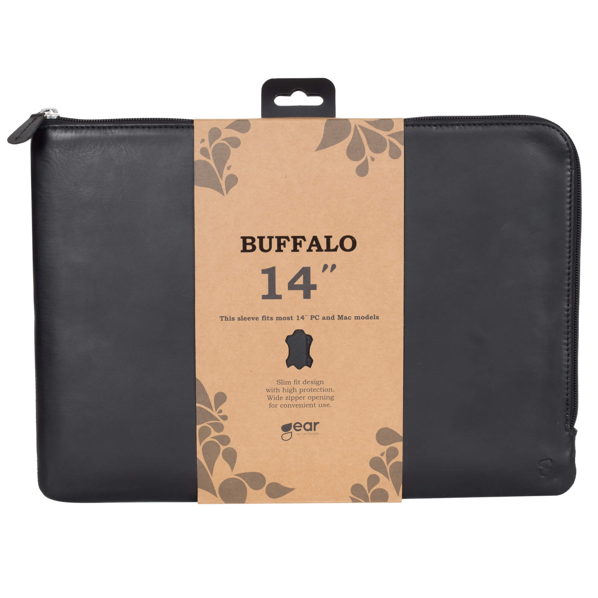 Una custodia nera per laptop Buffalo da 14 pollici con cerniera. Un'etichetta marrone mostra testo e un'icona in pelle.