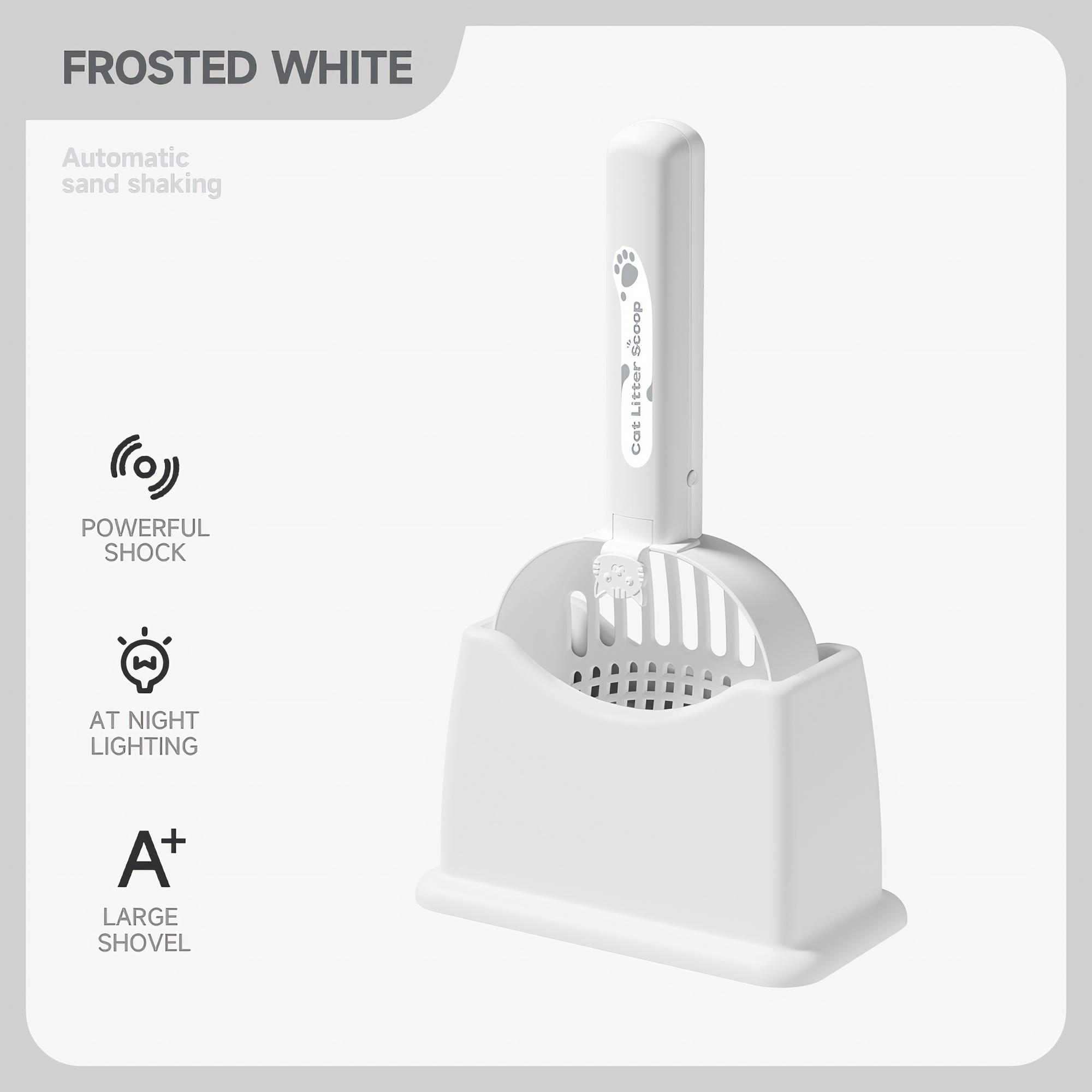 Eine weiße Katzentoilettenschaufel mit Griff, Schaufel und Sockel. Text: Frosted White, starker Schock, Nachtbeleuchtung, große Schaufel.