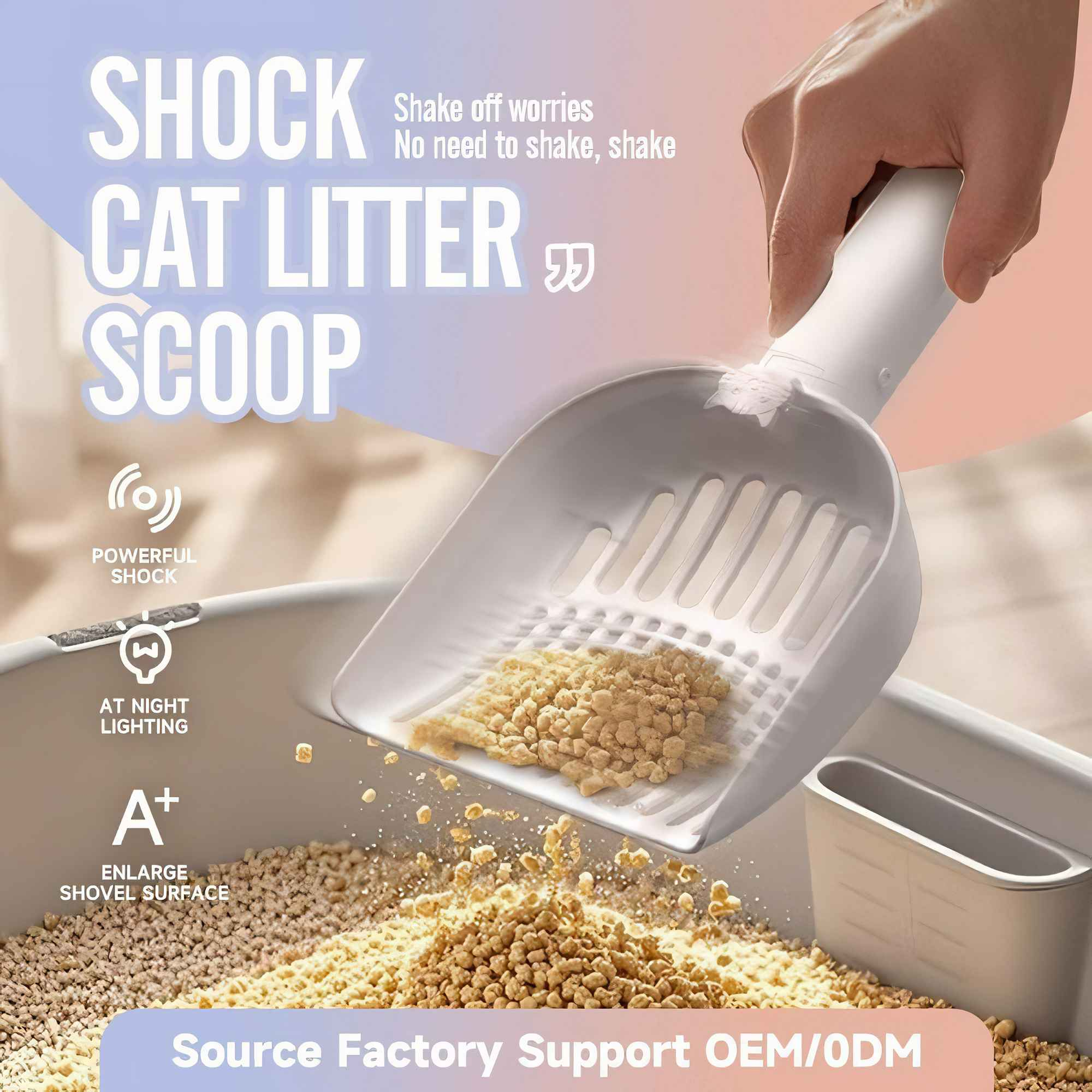 Eine Hand hält eine weiße Katzenstreuschaufel, die Streu schaufelt. Text: Shock Cat Litter Scoop, mit Funktionen wie Nachtbeleuchtung.