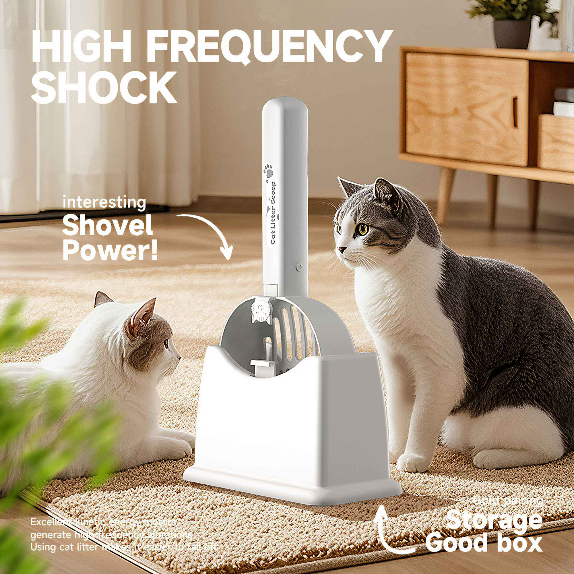 Zwei Katzen in der Nähe einer weißen Katzentoilette. Text sagt 'High Frequency Shock', 'Shovel Power' und 'Storage Good box'.