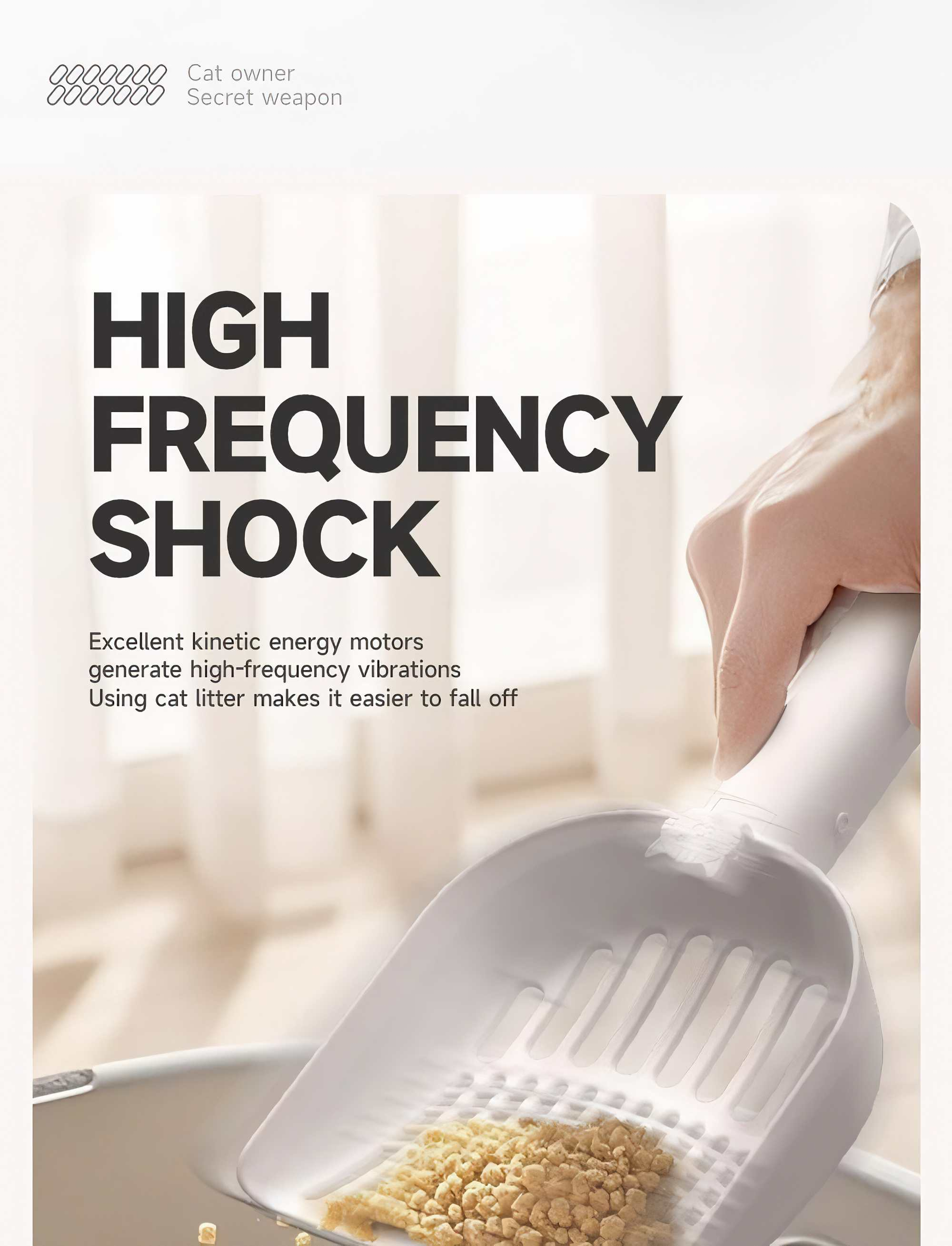 Eine Hand hält eine weiße Schaufel über Katzenstreu. Text lautet 'HIGH FREQUENCY SHOCK' und Produktdetails.