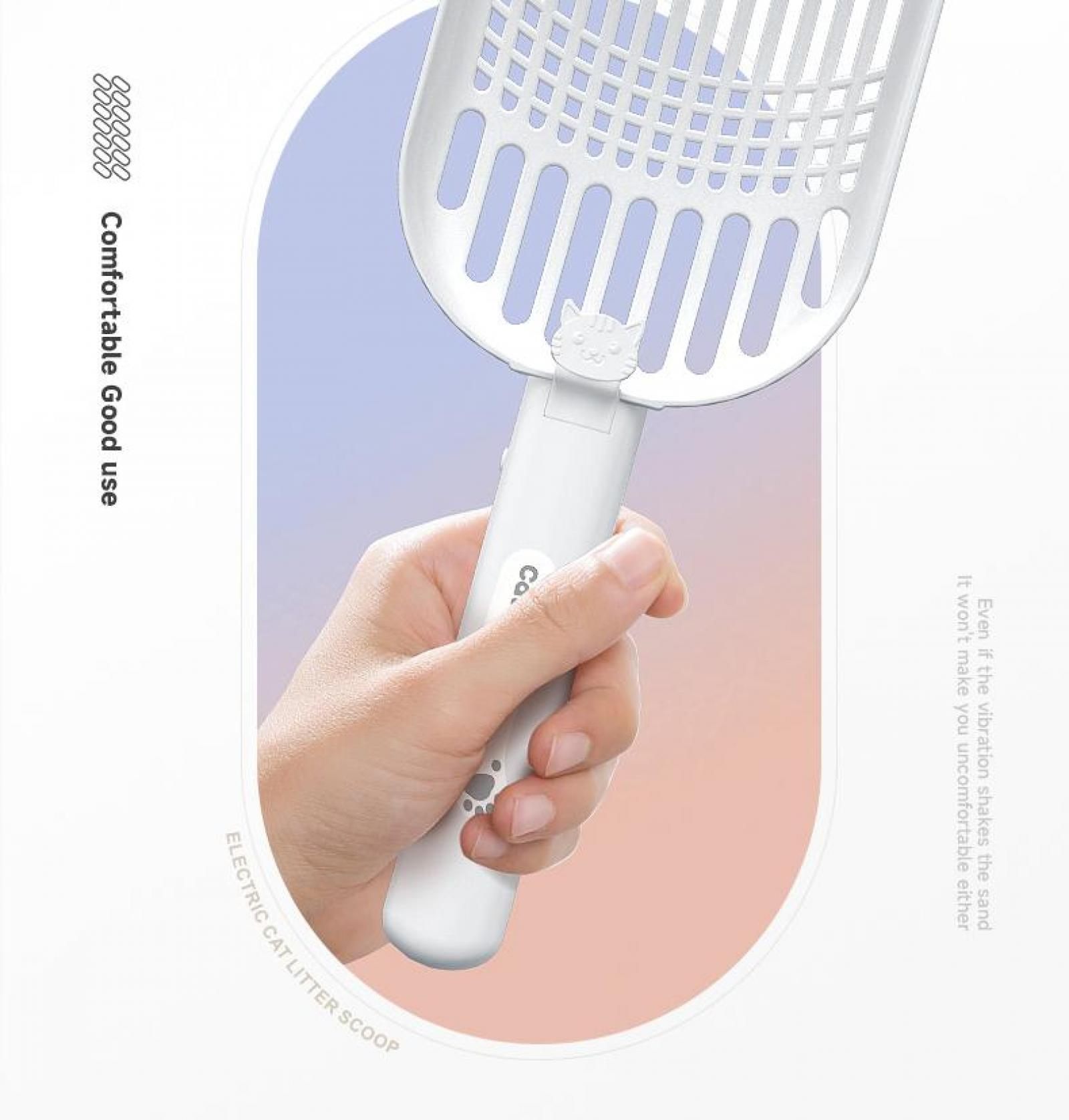 Eine weiße Katzenstreuschaufel wird von einer Hand gehalten. Der Text lautet 'Comfortable Good use' und 'Electric cat litter scoop'.