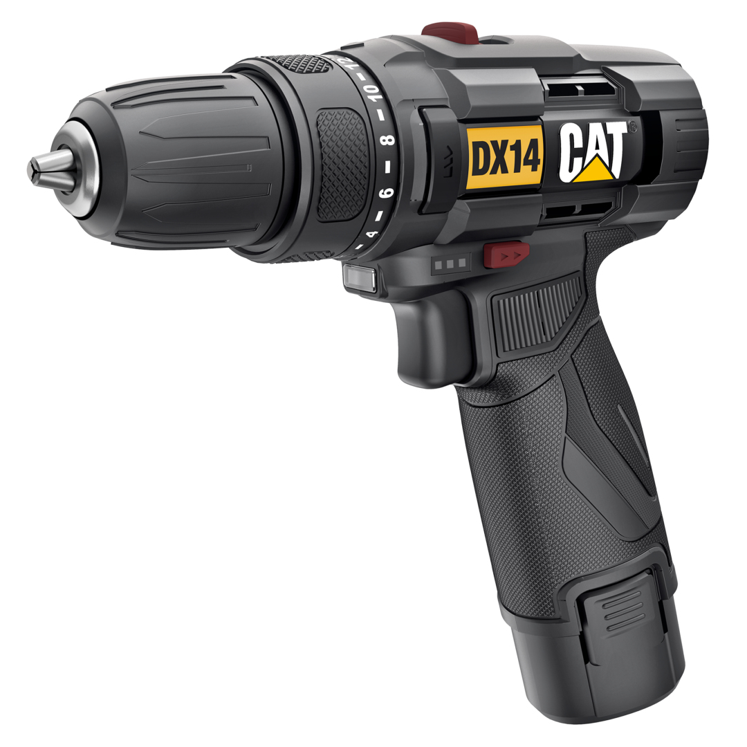 Un trapano avvitatore CAT DX14 nero e giallo. Ha un'impugnatura a pistola e una punta argentata. Lo sfondo è bianco.