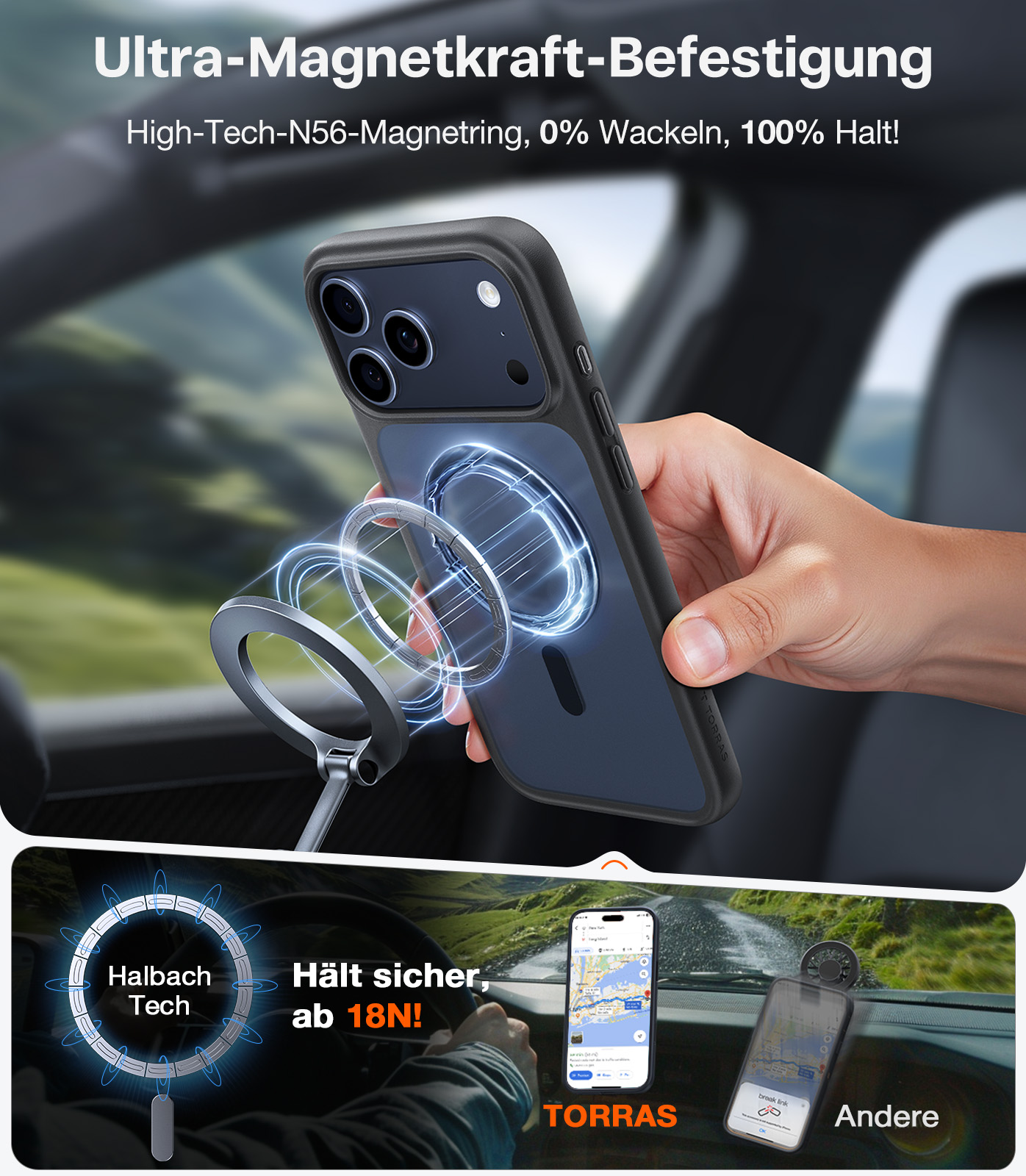 Un téléphone dans un étui est tenu par une main. Une bague magnétique argentée est près du téléphone. Le téléphone affiche une carte.