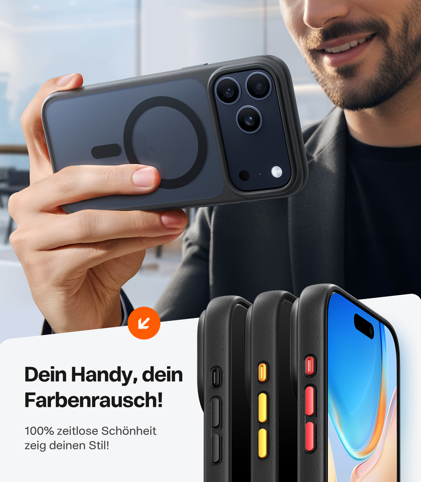 Un homme tient un téléphone avec une coque. La coque est noire et grise. D'autres téléphones avec coques et boutons colorés sont montrés en dessous.