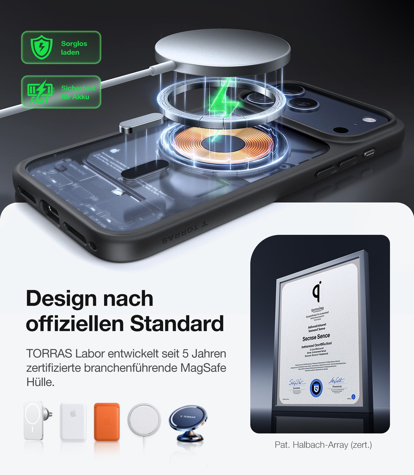 Un téléphone se recharge sans fil. Le téléphone est dans un étui noir. Il y a des icônes sur la sécurité de la batterie. Un certificat est affiché.