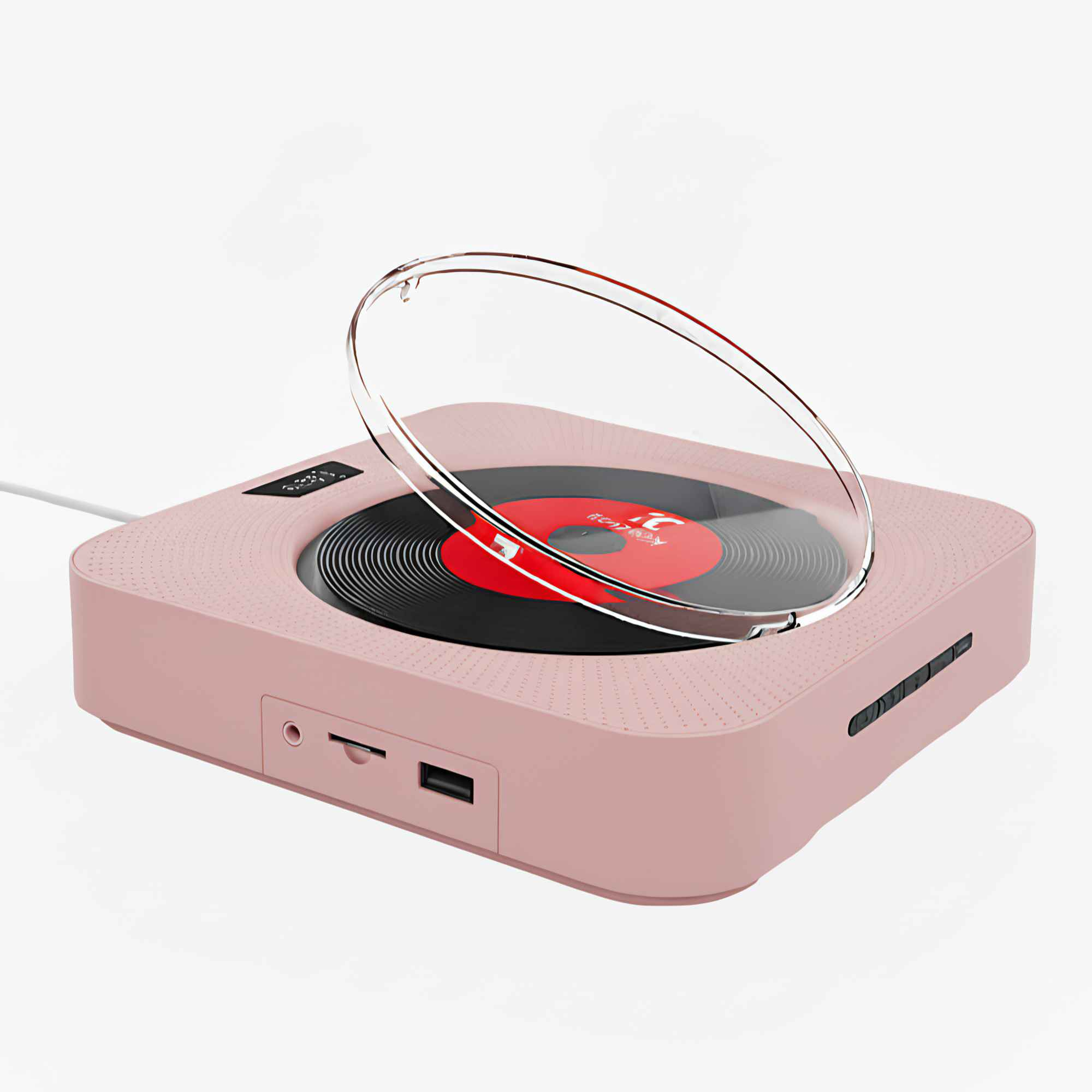 Ein rosa CD-Player mit durchsichtiger Abdeckung, einer Schallplatte und einem weißen Kabel.