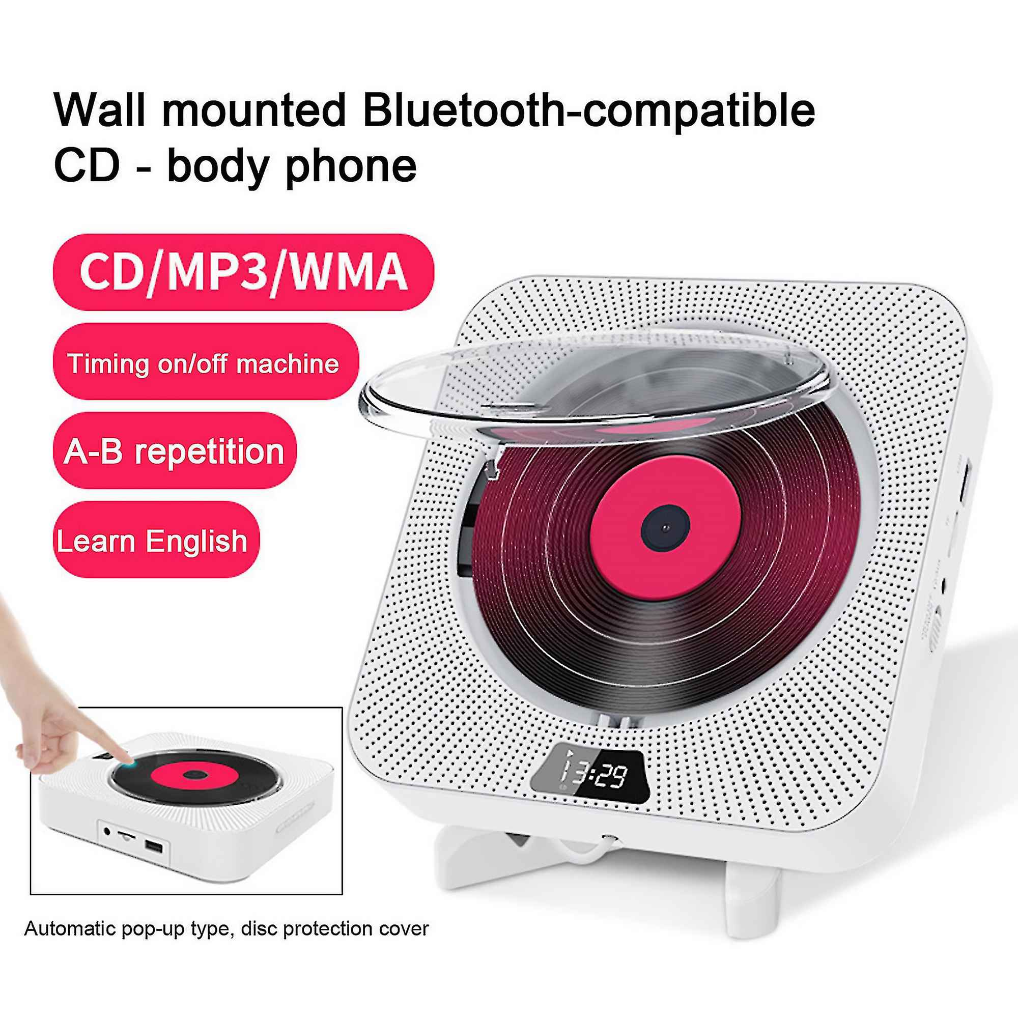 Weißer, an der Wand montierter CD-Player mit roter Disc. Digitalanzeige zeigt 13:29. Text: CD/MP3/WMA, Ein/Aus-Zeit, A-B, Englisch lernen.