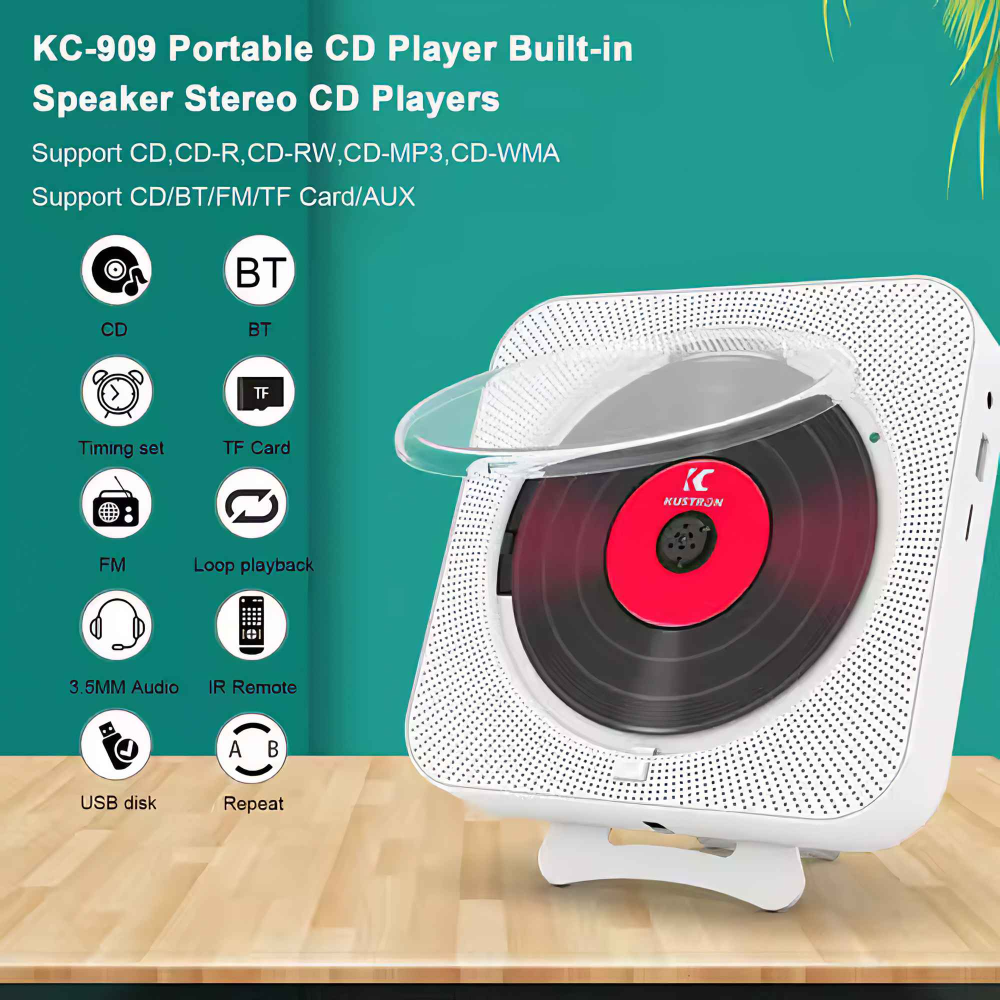 Weißer tragbarer CD-Player mit offenem Deckel, der eine rot-schwarze CD zeigt. Verschiedene Funktionssymbole umgeben ihn.