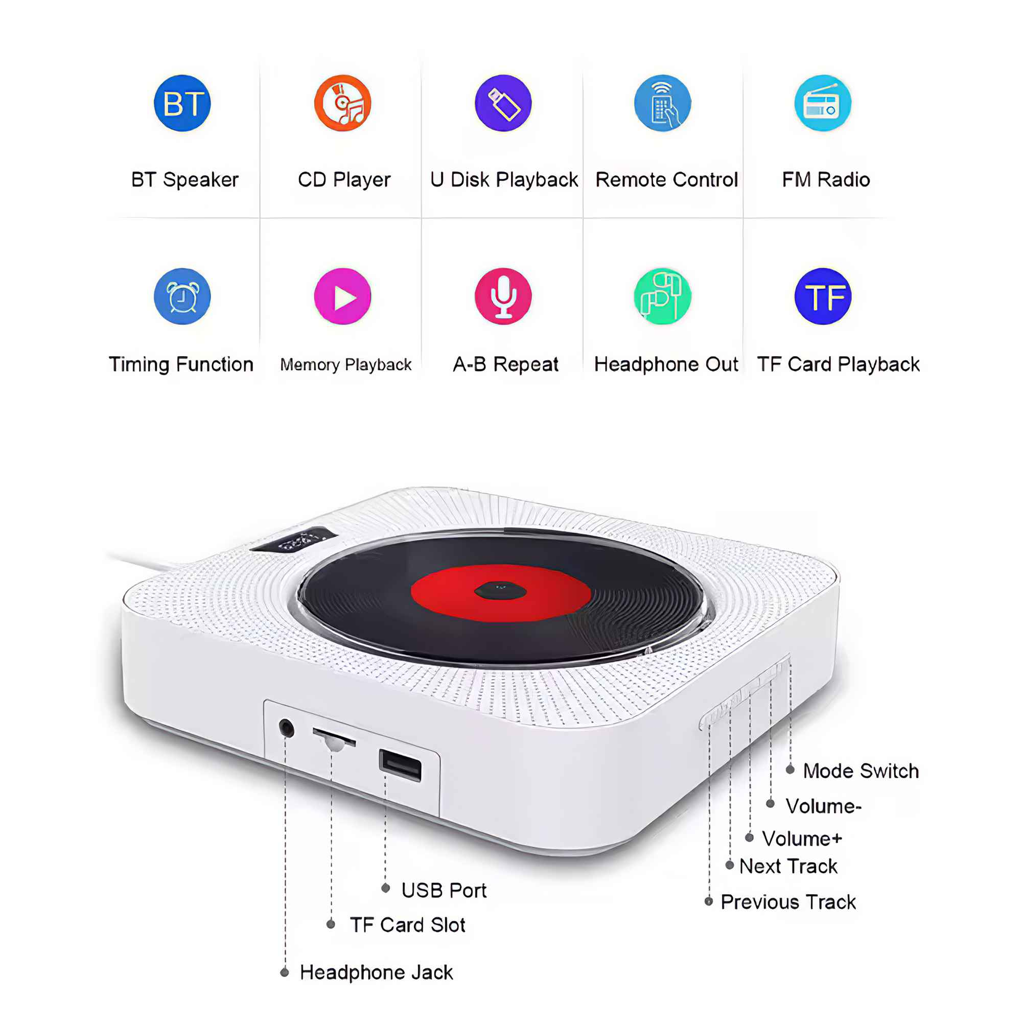 Weißer CD-Player mit schwarzer und roter CD. Zu den Funktionen gehören USB-Anschluss, TF-Kartensteckplatz und Kopfhöreranschluss.